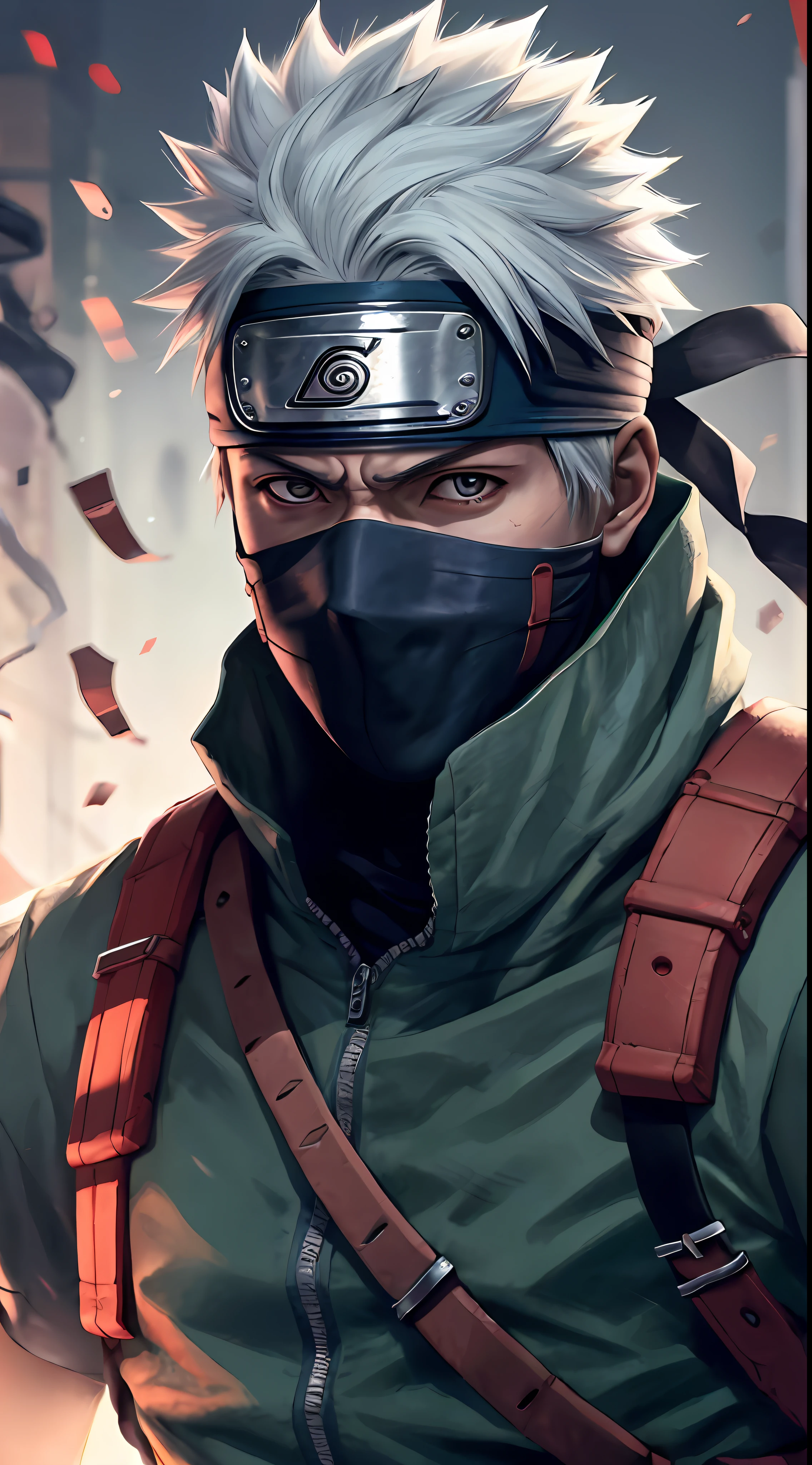 kakashi, 1boy, foco masculino, solo, brilhante, olho esquerdo vermelho, ninja, arma, olhos brilhantes, segurando, olhando para o espectador, luvas sem dedos, luvas, segurando arma, espada, luvas pretas