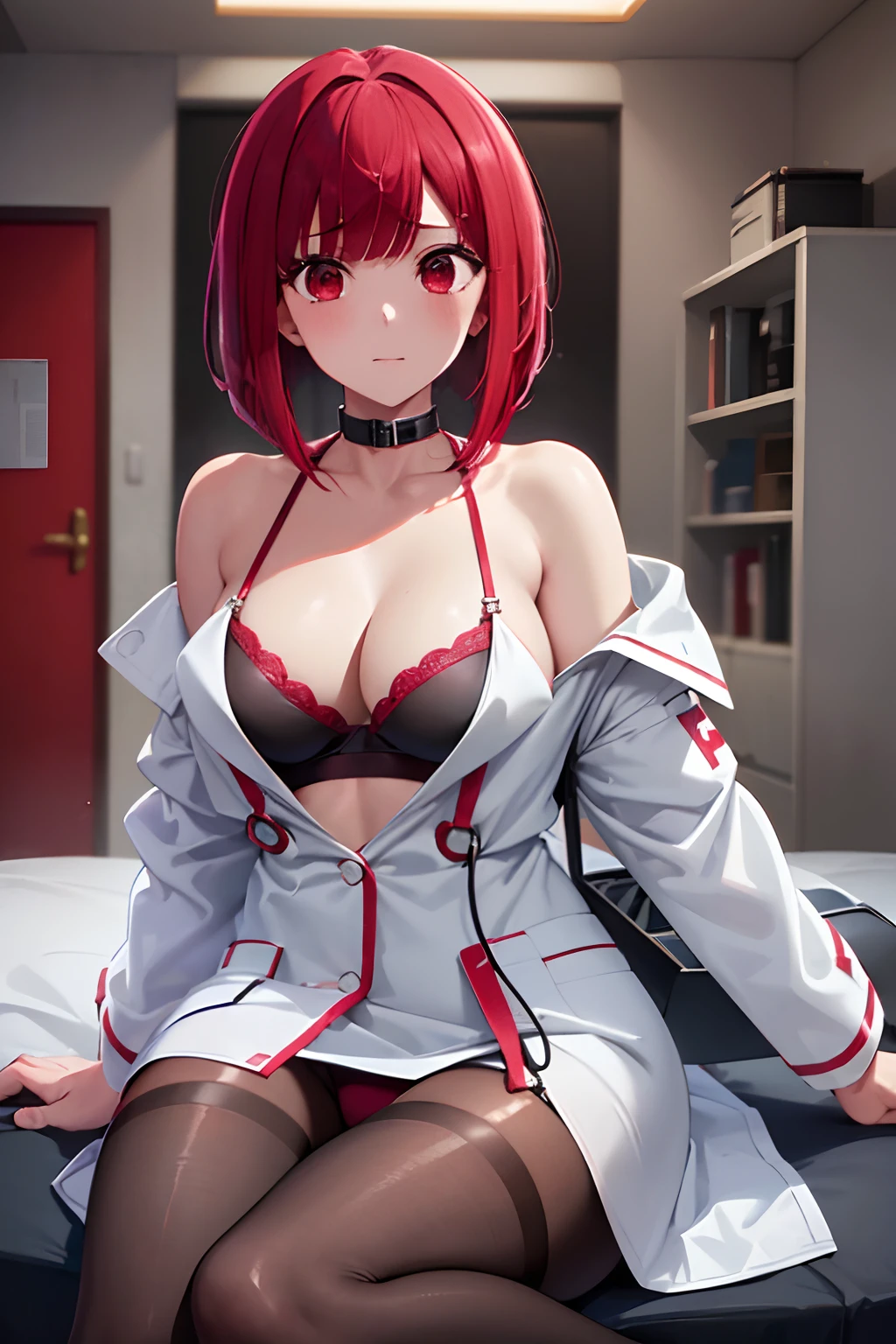 masutepiece, Best Quality, High resolution, Ultra High Resolution, depth of fields,1girl in, Red Eyes, Red hair, ((Bob Hair)), (White Doctor Coat:1.2), Small breasts, cleavage, In underwear, (Black underwear:1.1), (Black tights:1.1, Exposed skin, Sitting, hospitals