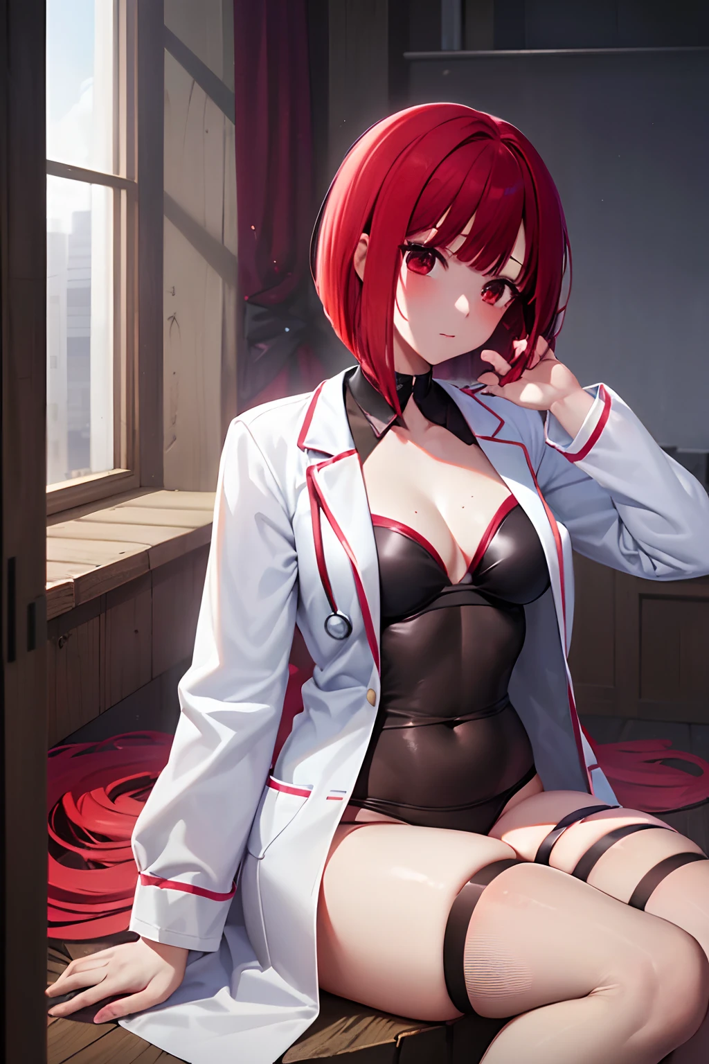 masutepiece, Best Quality, High resolution, Ultra High Resolution, depth of fields,1girl in, Red Eyes, Red hair, ((Bob Hair)), (White Doctor Coat:1.2), Small breasts, cleavage, In underwear, (Black underwear:1.1), (Black tights:1.1, Exposed skin, Sitting, hospitals