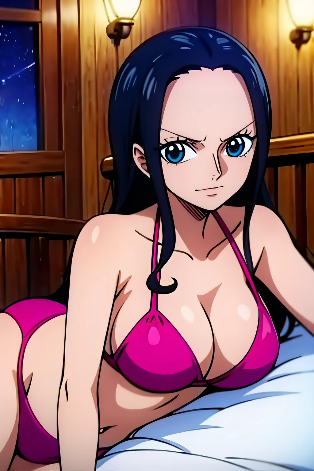 Robin de One Piece, pose sexy, Y si , Elly, Sari rojo, 8k, anime, ribera, teta grande, grande, Se ve sexy perfecta calidad ojos ojos azules, bikini rosa, pink bikini, bed, house, night
