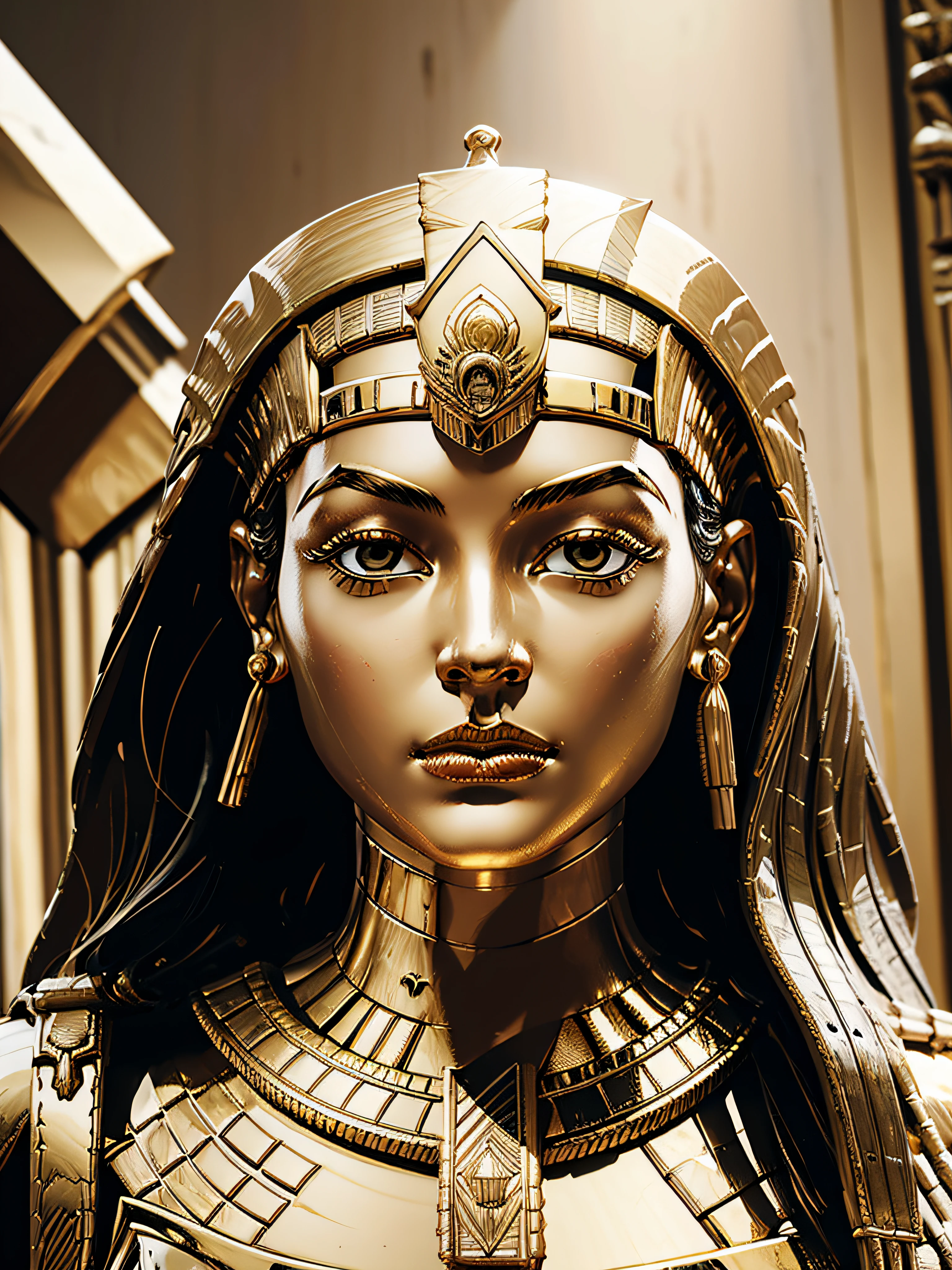 Wide angle of very angry Cleopatra in the desert of ancient Egypt shutting loudly, adorned in an exquisite and chaste dress, emitting an alluring and magical aura, high quality, high detailed faces." High detailed faces