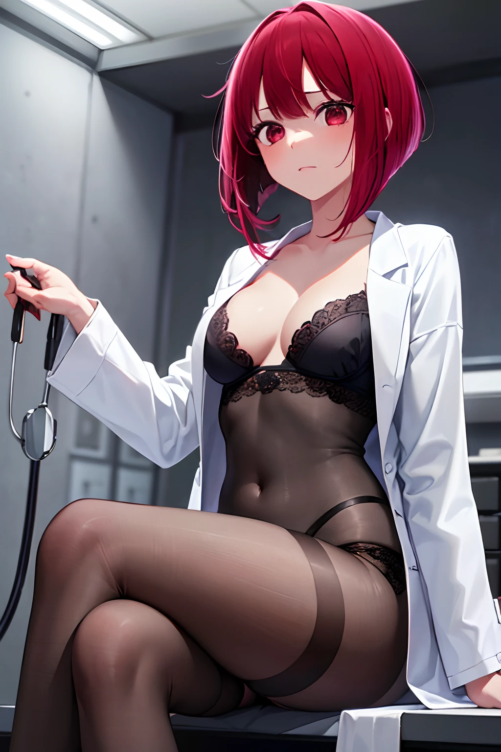 masutepiece, Best Quality, High resolution, Ultra High Resolution, depth of fields,1girl in, Red Eyes, Red hair, ((Bob Hair)), (White Doctor Coat:1.2), Small breasts, cleavage, In underwear, (Black underwear:1.1), (Black tights:1.1, Exposed skin, Sitting, hospitals