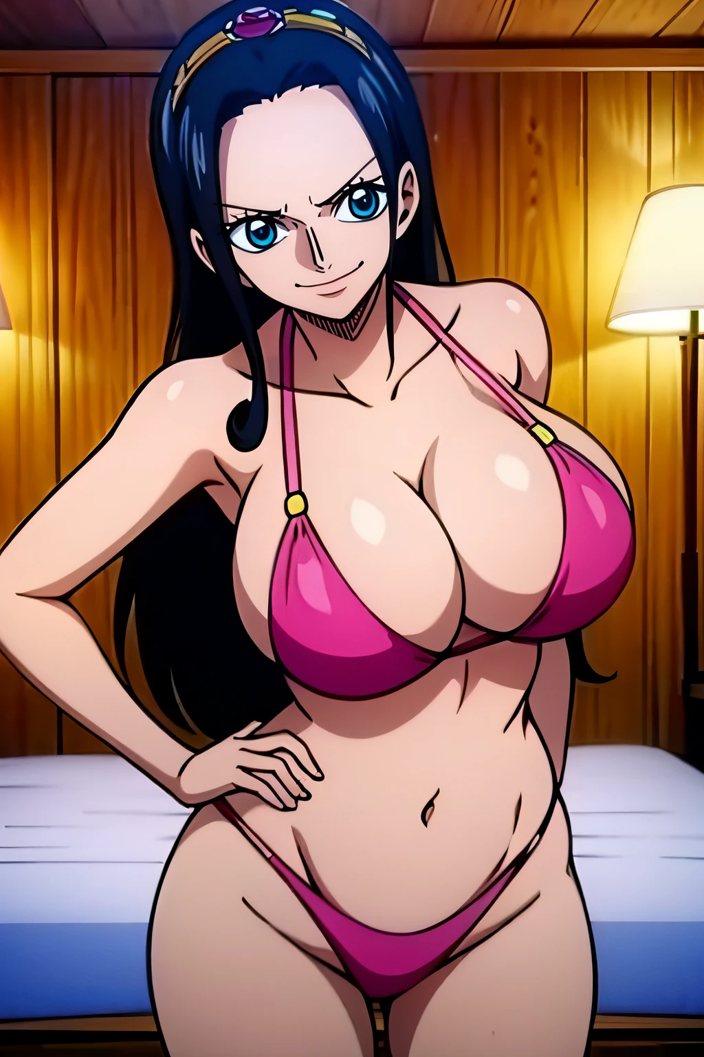 Robin de One Piece, pose sexy, Y si , Elly, Sari rojo, 8k, anime, ribera, teta grande, grande, Se ve sexy perfecta calidad ojos ojos azules, bikini rosa, pink bikini, bed, house, night