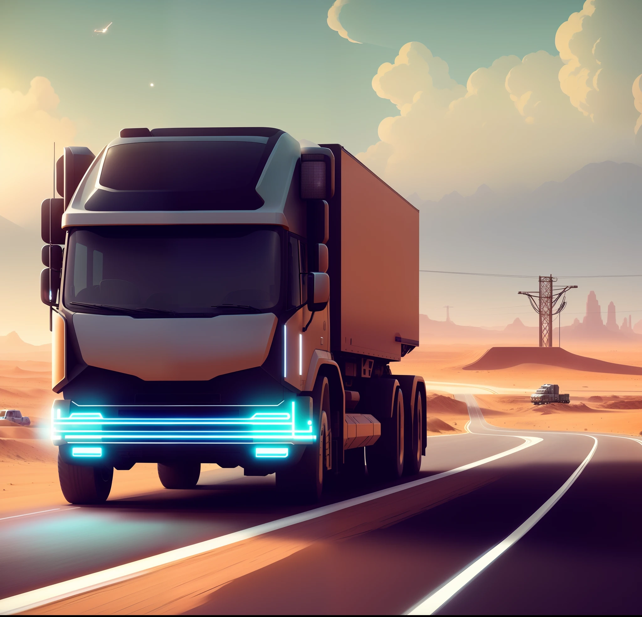 araf truck driving on a road in the desert with a sky background, cybertruck, stylized digital illustration, commercial illustration, 2049, by Mike Winkelmann, truck, amazing wallpaper, transportation design render, vehicle illustration, futuristic, artistic render, advanced highway, by Wayne England, 2030, inspired by Mike Winkelmann, futuristic vehicles