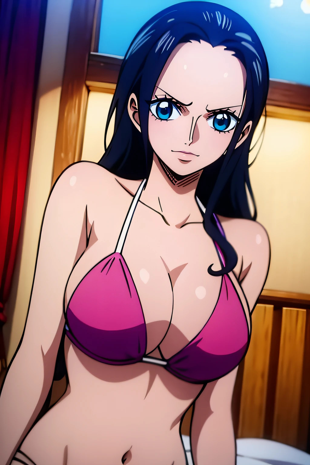 Robin de One Piece, Pose sexy, Y si , Elly, Premios rojo, 8k, anime, ribera, Gran Theta, grande, Se ve sexy perfecta calidad ojos ojos azules, Bikini rosa, Bikini rosa, cama, Casa, Noche, ojos azules,