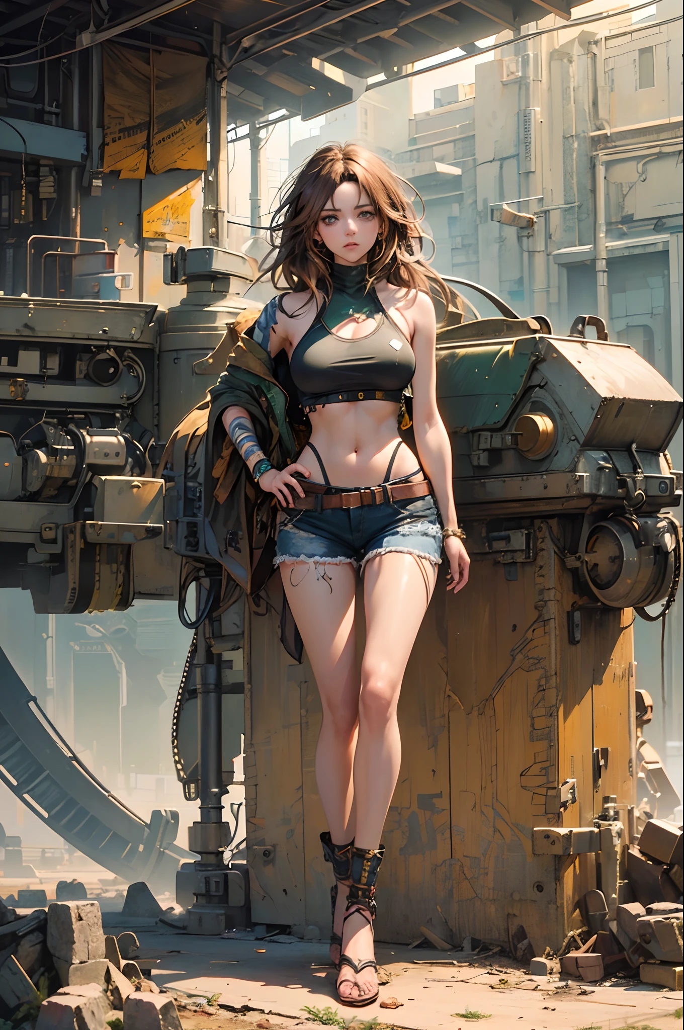 Beautiful illustration、top-quality、Short hair with long locks, brown hair, blue undercut, halter top, medium breasts, short shorts, tan skin, green eyes, thigh gap, crop top, navel, stern expression, scowl, hands on hips, standing, full body
