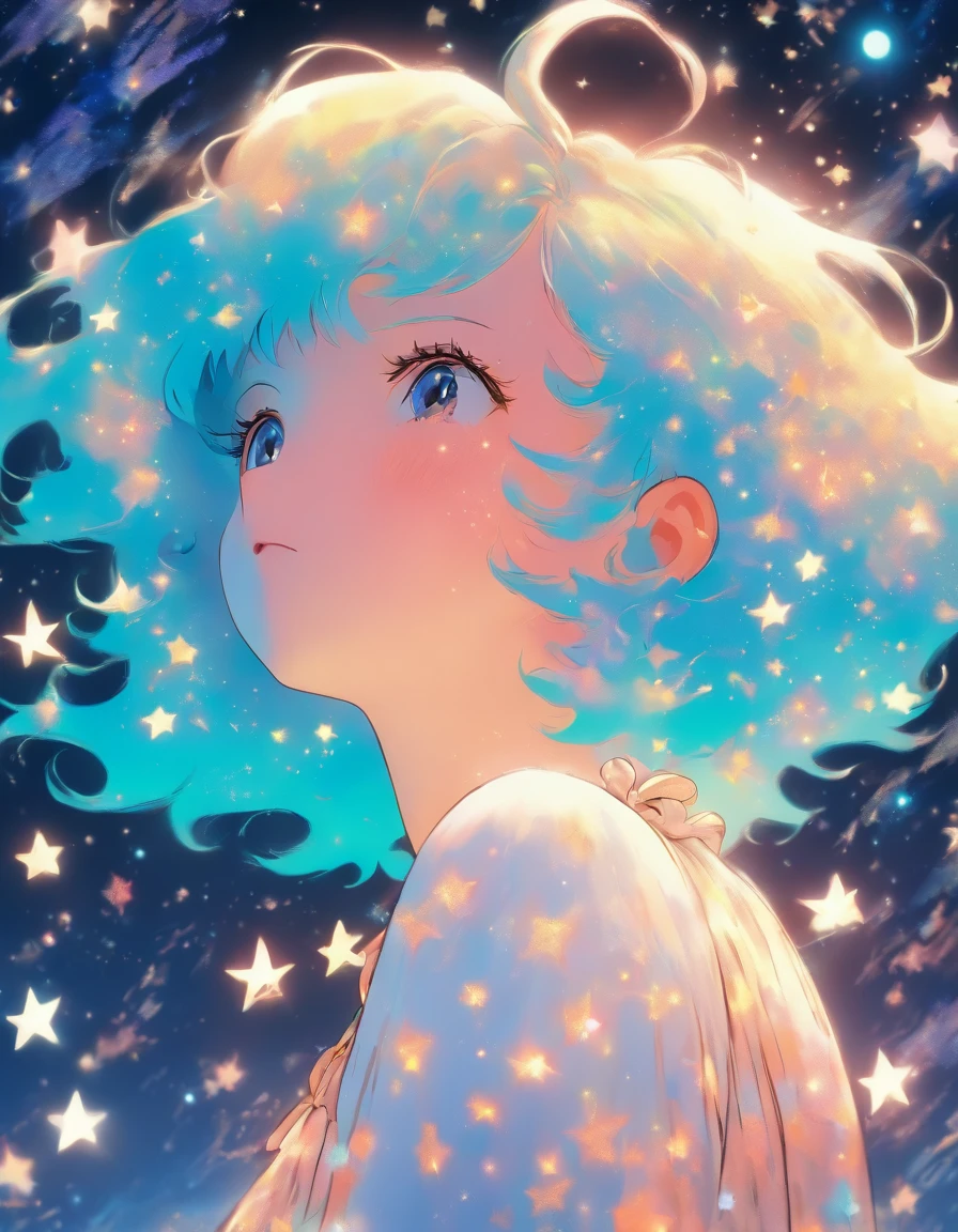 Copperplate engraving、Color rough、Transparency、Anime girl in a starry sky pattern dress、flat-colors、Kitschy aesthetics、Details that seem to disappear when you blink、White background