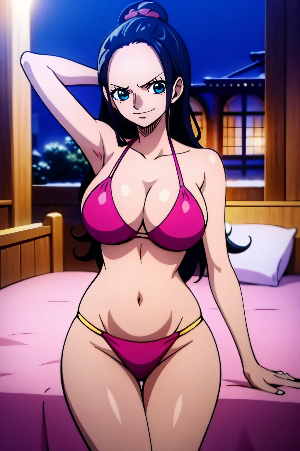 Robin de One Piece, Pose sexy, Y si , Elly, Premios rojo, 8k, anime, ribera, Gran Theta, grande, Se ve sexy perfecta calidad ojos ojos azules, Bikini rosa, Bikini rosa, cama, Casa, Noche