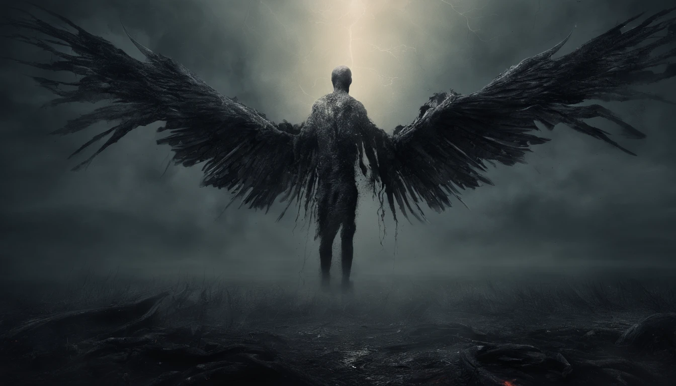 Cosmic Fallen Angel falling down and bruised up and his wings bruised up, glowing light eyes, Biomechanical, eerie, Creepy, nightmarish, Very bright colors, Light particles, with light glowing, Mshiff, wallpaper art, UHD wallpaper