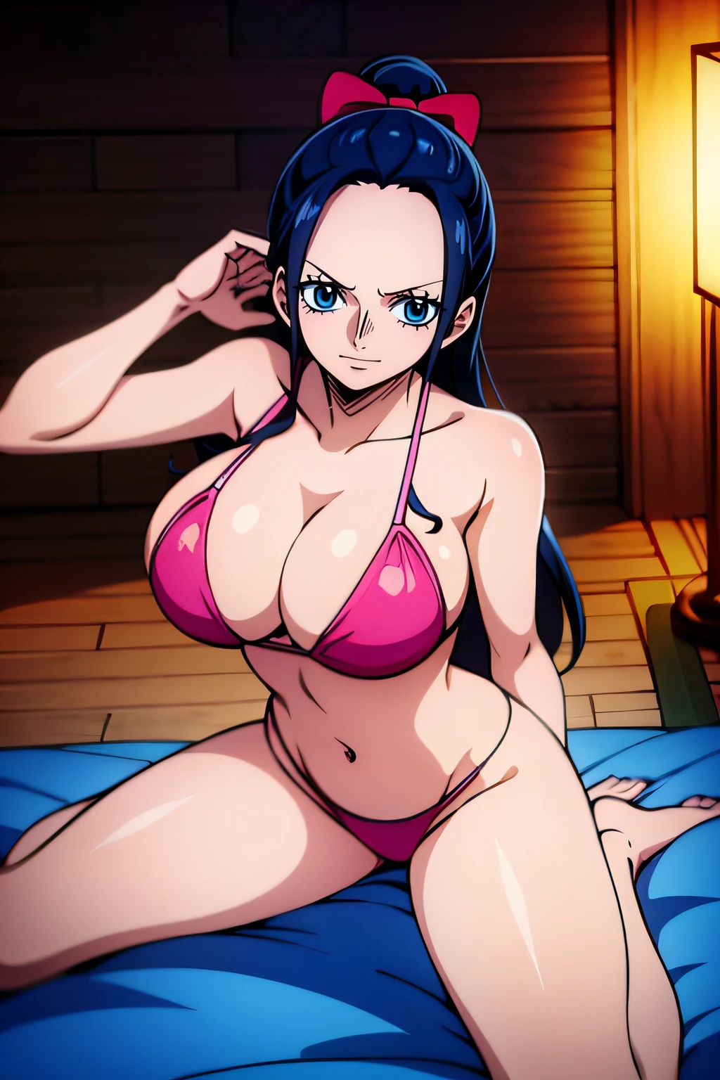 Robin de One Piece, Pose sexy, Y si , Elly, Premios rojo, 8k, anime, ribera, Gran Theta, grande, Se ve sexy perfecta calidad ojos ojos azules, Bikini rosa, Bikini rosa, cama, Casa, Noche, ojos azules,