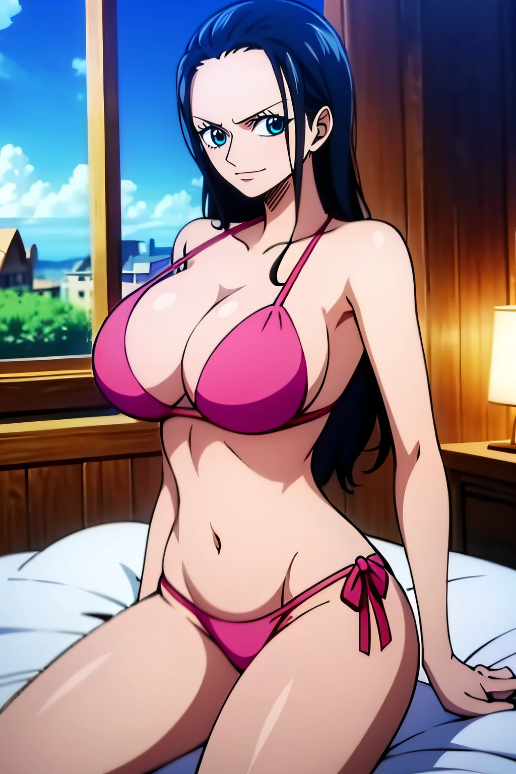 Robin de One Piece, Pose sexy, Y si , Elly, Premios rojo, 8k, anime, ribera, Gran Theta, grande, Se ve sexy perfecta calidad ojos ojos azules, Bikini rosa, Bikini rosa, cama, Casa, Noche, ojos azules,