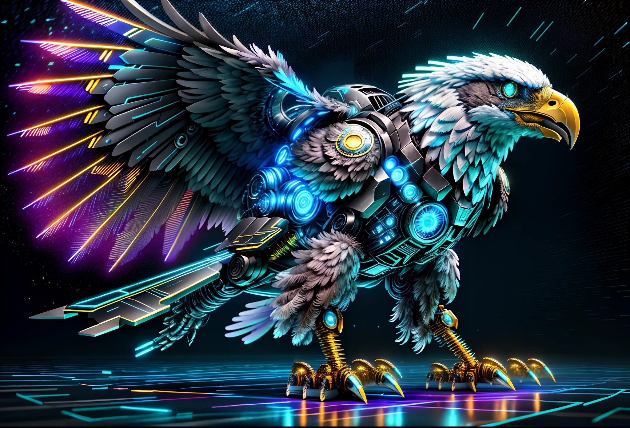 (Best quality, 8K,A high resolution,Masterpiece:1.2),Ultra-detailed),Futuristic robot bald eagle,full bodyesbian,colorful neon,High-tech mechanical parts,Metal claws and wings,Metal heads and pecks,Metal feathers,Extremely cool,Metal legs,Bionic eye,Detailed feather design,sharp beak,hovers in mid-air,Electric blue and bright purple,Vivid glowing eyes,Reflective metal surface,Gloomy environment,Dynamic pose,imposing presence,Technological progress,Interlocking mechanical gears,Dynamic and stylish design,motion blur effect,meticulous craftsmanship,Sci-fi atmosphere,Streamlined aerodynamic shape,Laser scanning pattern,holographic projections,Light-emitting circuit lines,hauntingly beautiful,Otherworldly precision,Advanced sensors,Complex algorithms,Ominous and mysterious atmosphere,electric sparks,Shiny chrome plating,Futuristic propulsion system, Mech4nim4lAI