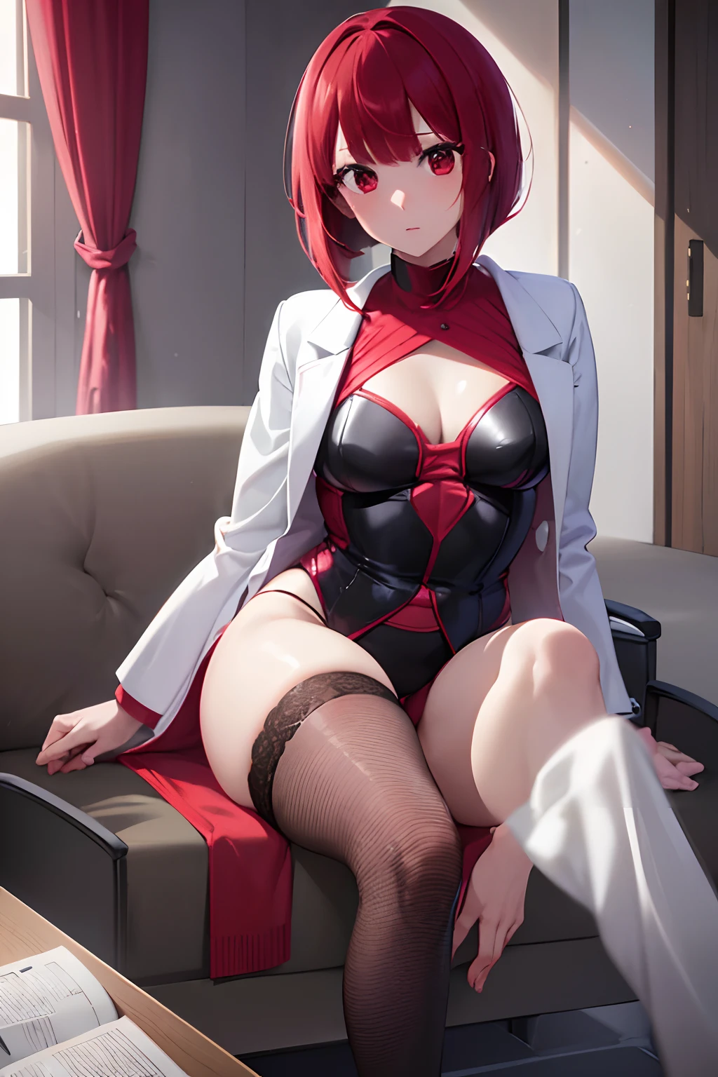 masutepiece, Best Quality, High resolution, Ultra High Resolution, depth of fields,1girl in, Red Eyes, Red hair, ((Bob Hair)), (White Doctor Coat:1.2), Small breasts, cleavage, In underwear, (Black underwear:1.1), (Black tights:1.1, Exposed skin, Sitting, hospitals