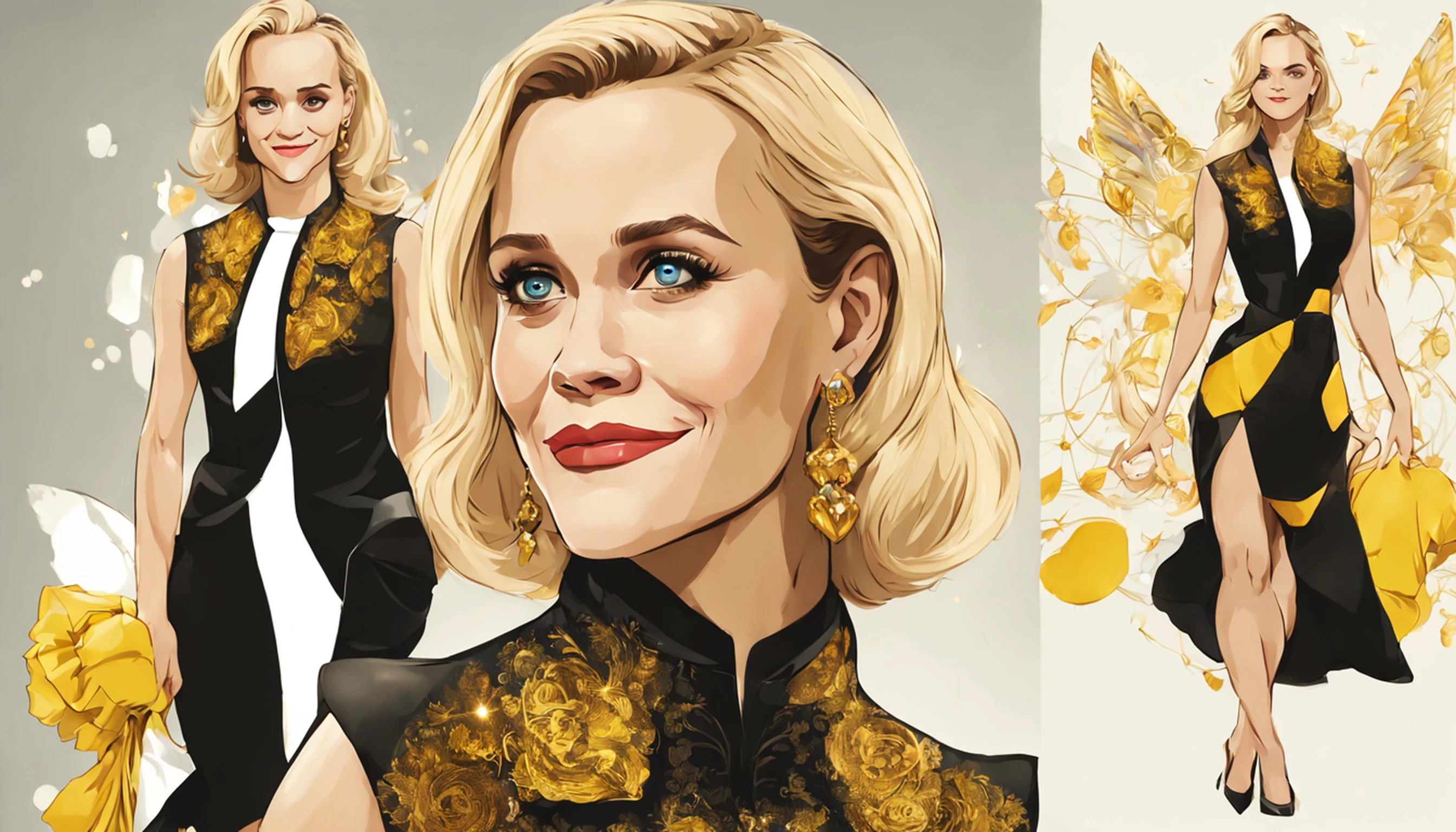 Mulher "Reese Witherspoon" de Arad no vestido amarelo claro e com detalhes em preto e dourado, uma bela imperatriz fantasia, palace，imagem detalhada de corpo inteiro, ((uma bela imperatriz fantasia)), pintura de personagem bonita, por Yang J, Mago Celestial Lindo, linda donzela fantasia, inspirado em Lan Ying, estilo de arte de fantasia,  (master part:1.0), (melhor qualidade:1.4), (ultra-highresolution:1.2), (Delicate Illustrations:1.4),(8k, Foto RAW:1.2), (Foco suave:1.4),