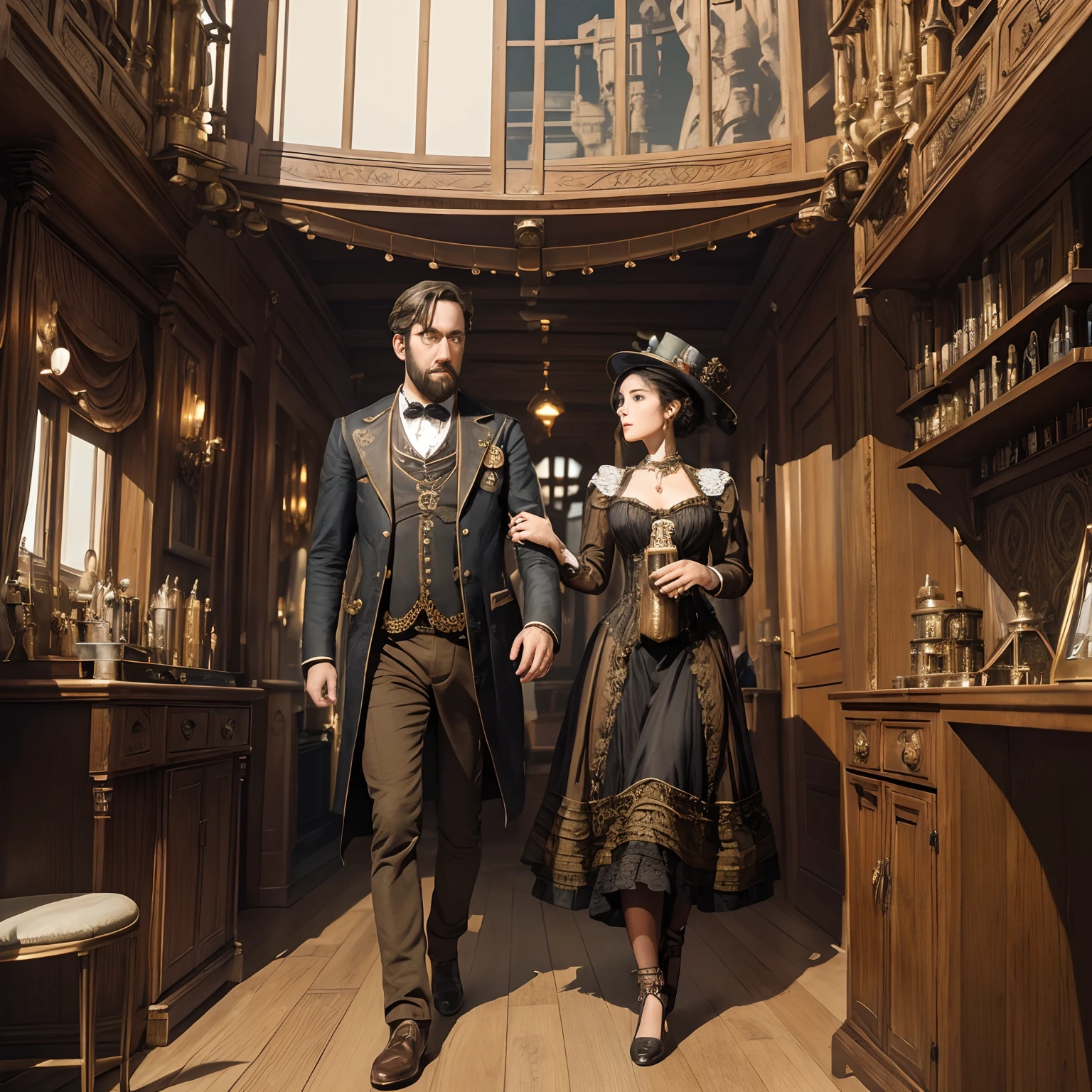 ((masterpiece, best quality, absurdress)), Steampunk, intricate details, a couple embarking on a journey in a hot air balloon inspired by Jules Verne's "Around the World in 80 Days," stunning vistas from the ophthalmologist's perspective.