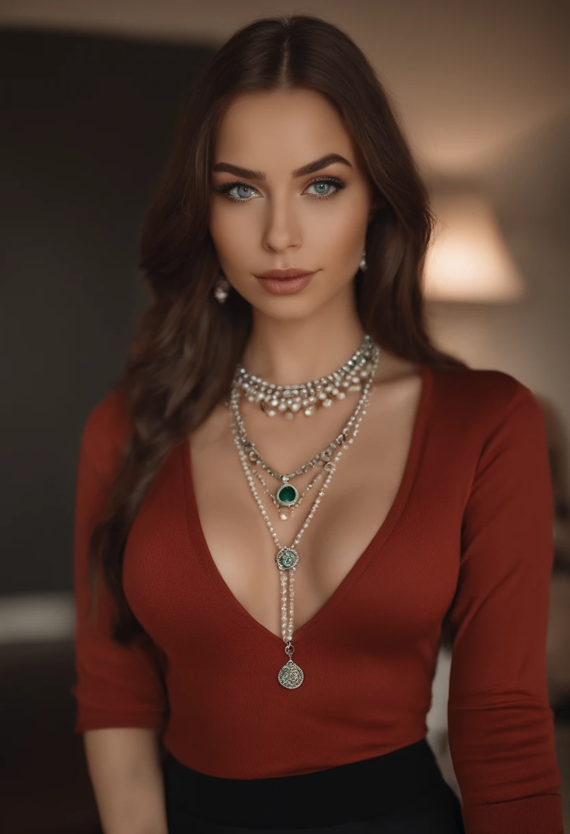 arafed woman with a necklace, sexy girl with green eyes, portrait sophie mudd, brown hair and large eyes, selfie of a young woman, bedroom eyes, violet myers, without makeup, natural makeup, looking directly at the camera, face with artgram, subtle makeup, stunning full body shot, piercing green eyes, small breasts, no bra,((necklaces)),pearls