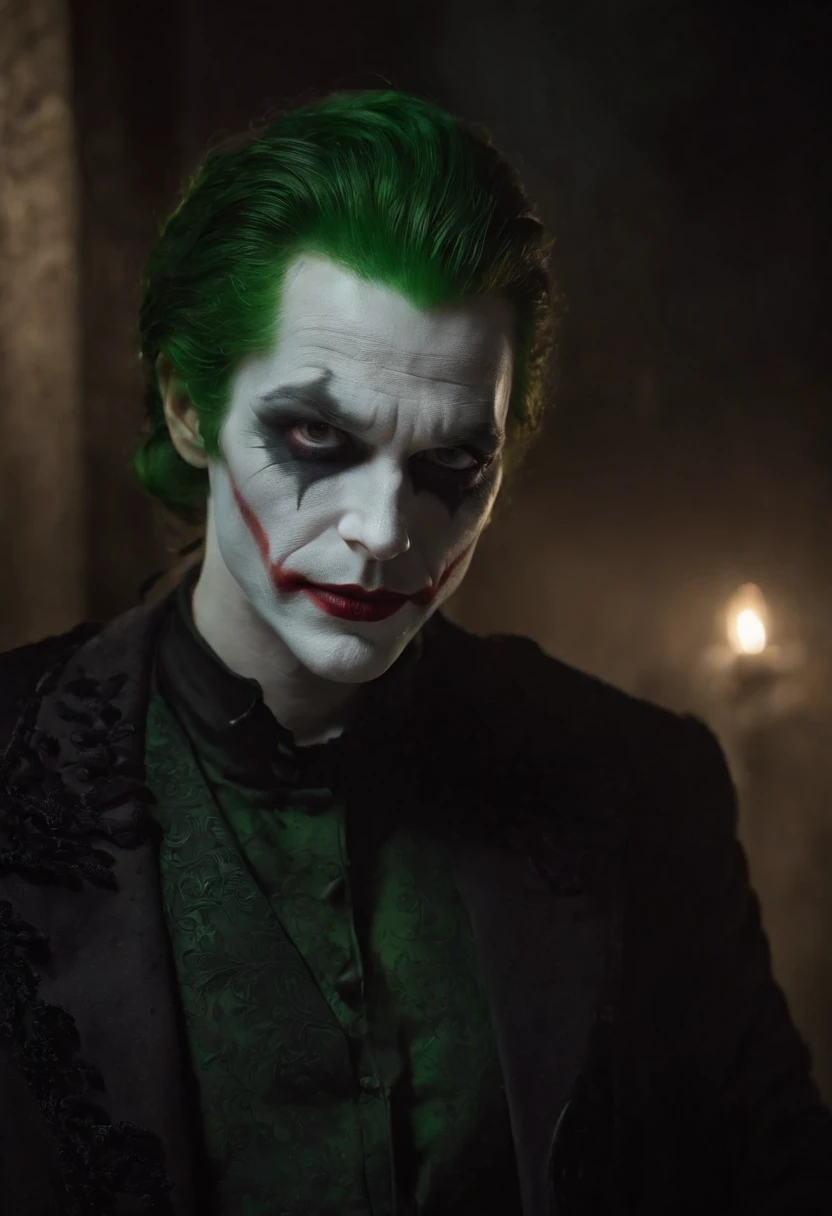 O Coringa (best quality,fotorrealista),(Escuro,pressentimento) Man,olhos negros detalhados,longos cabelos verde que lembram a noite,pale skin,Visible dark circles,corpo atletico, mas coberto de cicatrizes,Atmosfera sinistra,gothic aesthetic,nightmare appearance,olhar intenso,Aura misteriosa, postura sinuosa e tensa,dramatic shadows and lighting,vivid contrast between light and dark,hint of danger,atmosfera encantada