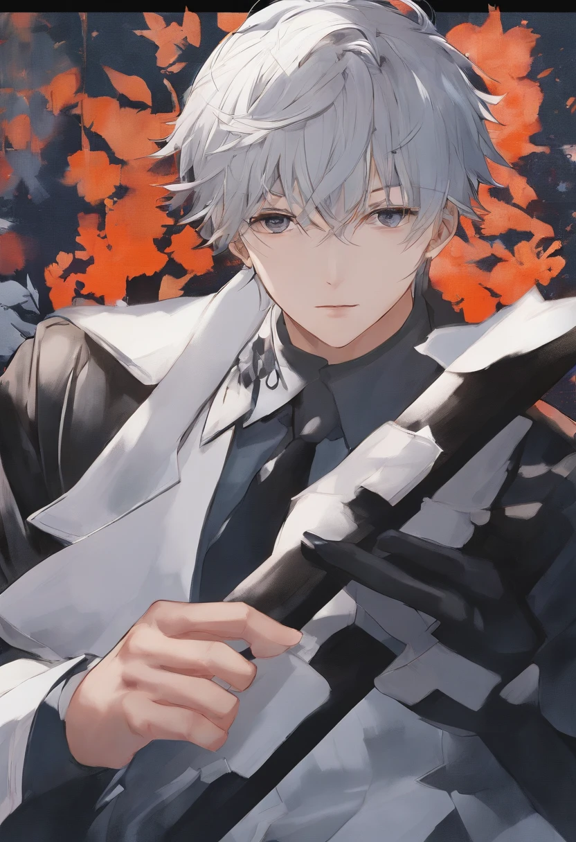 Masterpiece, a man in his 20s, has a well-built body, wearing a white shirt combined with a double-breasted black leather vest, a long black coat. He has a handsome face, sharp black eyes, neatly combed back black hair, well-proportioned face, cold expression, height 190cm, wearing black gloves. Perfect anatomy, perfect face, perfect hands, very detailed eye drawing with background painting with WLOP drawing style, WLOP drawing, WLOP painting, perfect painting drawing style, light novel illustration.