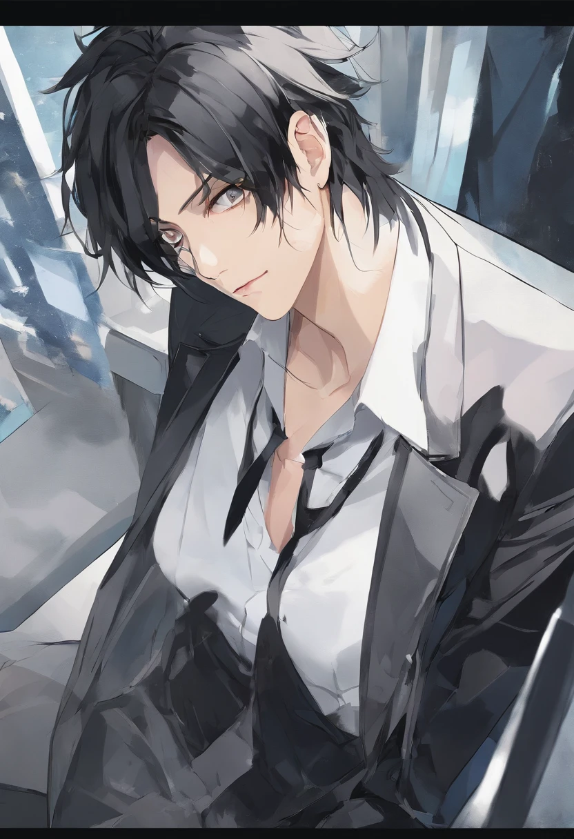 Masterpiece, a man in his 20s, has a well-built body, wearing a white shirt combined with a double-breasted black leather vest, a long black coat. He has a handsome face, sharp black eyes, neatly combed back black hair, well-proportioned face, cold expression, height 190cm, wearing black gloves. Perfect anatomy, perfect face, perfect hands, very detailed eye drawing with background painting with WLOP drawing style, WLOP drawing, WLOP painting, perfect painting drawing style, light novel illustration.