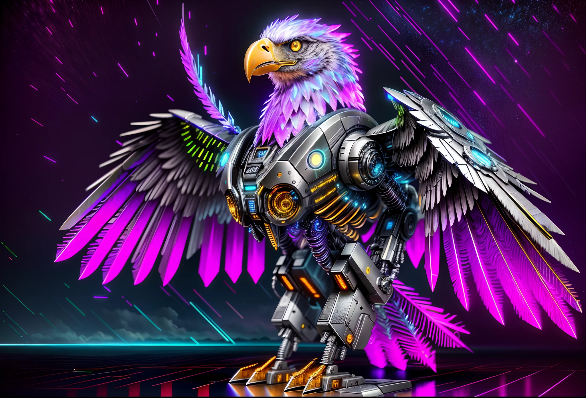(Best quality, 8K,A high resolution,Masterpiece:1.2),Ultra-detailed),Futuristic robot bald eagle,full bodyesbian,colorful neon,High-tech mechanical parts,Metal claws and wings,Metal heads and pecks,Metal feathers,Extremely cool,Metal legs,Bionic eye,Detailed feather design,sharp beak,hovers in mid-air,Electric blue and bright purple,Vivid glowing eyes,Reflective metal surface,Gloomy environment,Dynamic pose,imposing presence,Technological progress,Interlocking mechanical gears,Dynamic and stylish design,motion blur effect,meticulous craftsmanship,Sci-fi atmosphere,Streamlined aerodynamic shape,Laser scanning pattern,holographic projections,Light-emitting circuit lines,hauntingly beautiful,Otherworldly precision,Advanced sensors,Complex algorithms,Ominous and mysterious atmosphere,electric sparks,Shiny chrome plating,Futuristic propulsion system, Mech4nim4lAI