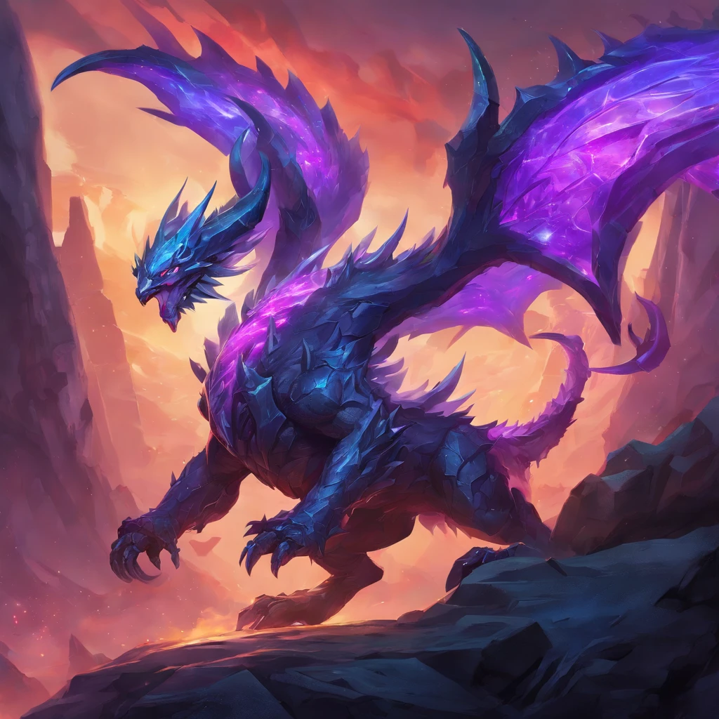 skarner,crystal creature,fierce and powerful,blue and purple color palette,shimmering crystal armor,glowing red eyes,sharp claws,aggressive stance,emerging from rocky terrain,league of legends,large scorpion tail,durable exoskeleton,heroic pose,glowing energy veins,sharp crystal spikes,battle-ready,beastly presence,animated motion,crystal shards flying,energy surge,stylized fantasy,highly detailed,realistic rendering,vibrant colors,imposing figure,dynamic lighting,mythic creature,powerful and intimidating.