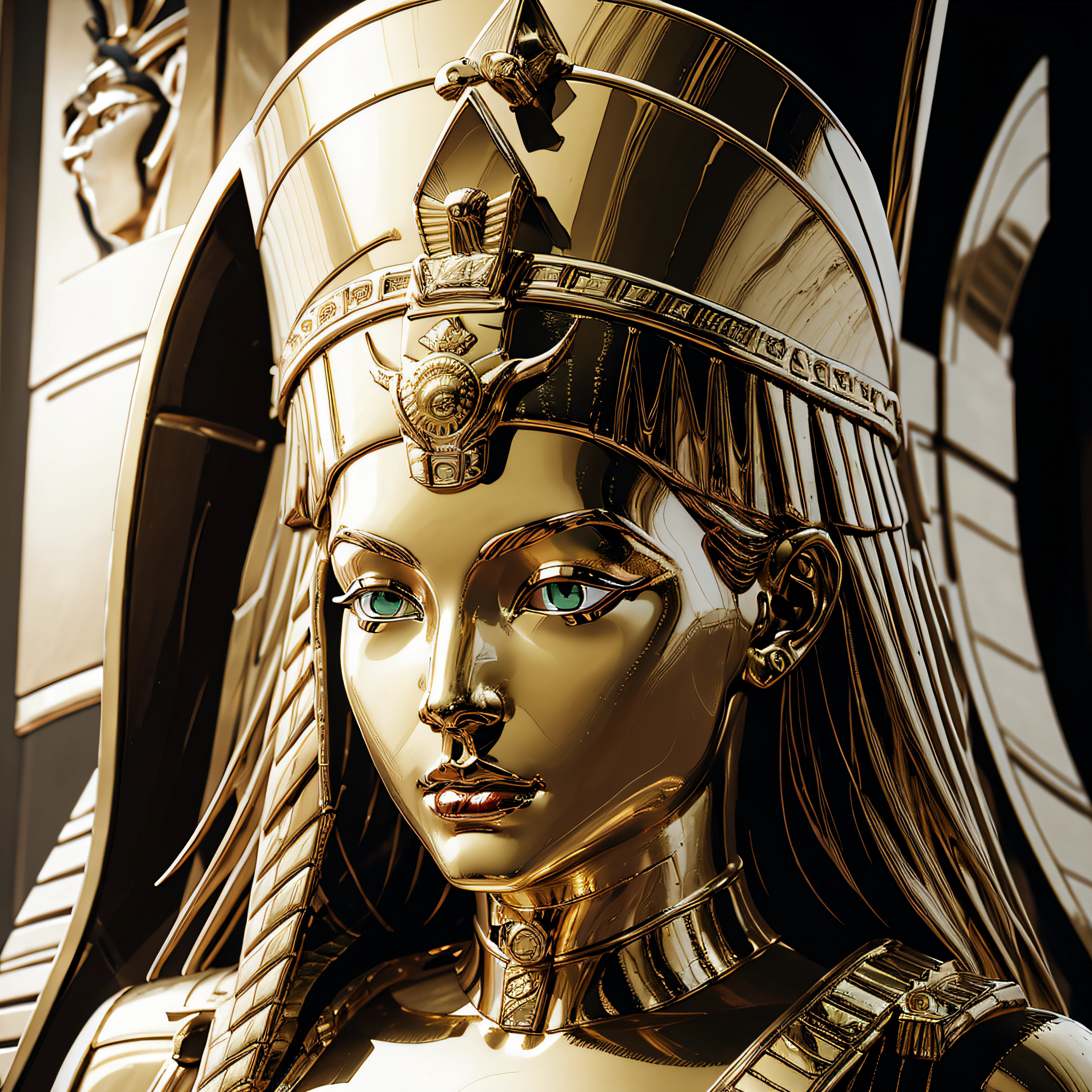a close up of a gold statue of a woman (Jesica Alba :1.1) red lips, green eyes, with a crown, egyptian mummy king, egyptian, egypt god, pharaoh, sculpture made of gold, wearing an egyptian crown, egypt themed art, pharoah, portrait of emperor of mankind, egyptian god, cleopatra portrait, ancient egyptian, the egyptian god, egyptian art, gold armour and crown, 4 k detail, 4k detail