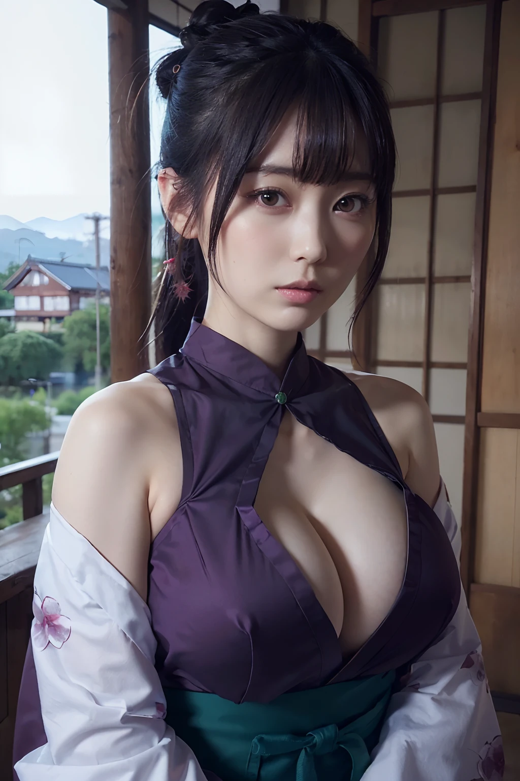 ((masutepiece)), ((Best Quality)), (Ultra-detailed), ((Extremely detailed)), 4K, (8K), Best Quality, (Beautiful), Gradation, ((Masterpiece One Woman,Lone Green Cosplay,wariza,Large breasts,Cute face,Big eyes,Cool Face,Hair bun,Plum hair,Looking at Viewer,factories,Mysterious,masutepiece, extremely fine and beautiful,Photorealistic,Japanese