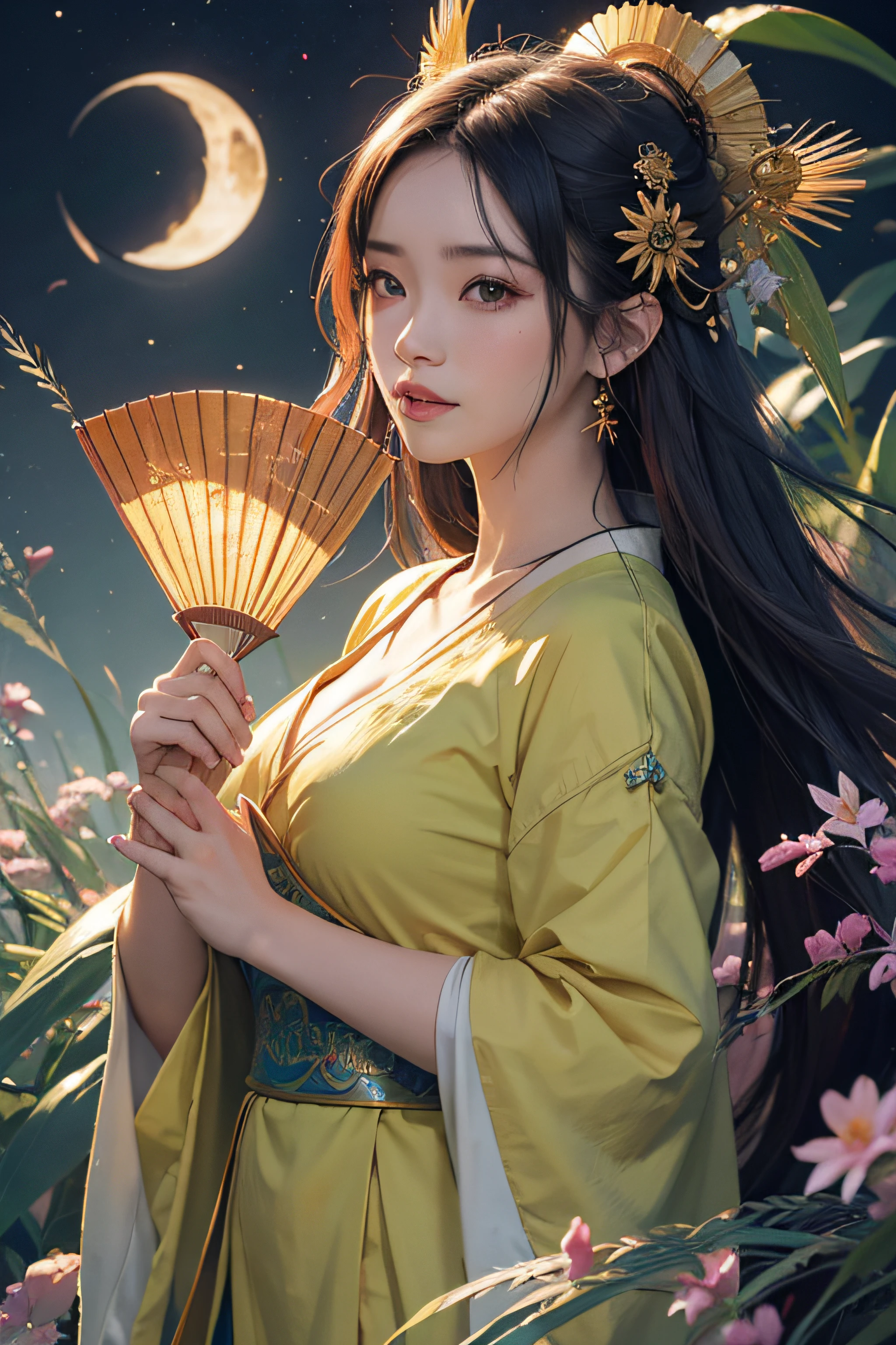 cores alranjadas, deusa Uzume, deusa da fertilidade, mulher cantando, sorriso, Campo de arroz ao fundo, deusa da alegria, Asian woman dancing with fan, segurando ramo de arroz,folhas de outono, Roupas japonesas fluidas nas cores vermelha, amarela e verde, fantasia, retrato bonito da arte da fantasia, retrato surreal bonito, retrato da fantasia, retrato da arte da fantasia, retrato de fantasia fosco detalhado, Retrato de uma ninfa de fantasia sombria, Deusa japonesa, bela arte digital, lindo arte digital, realista, mulher jovem bonita, arte fantasia behance,cinematic light and shadow,K HD | | |