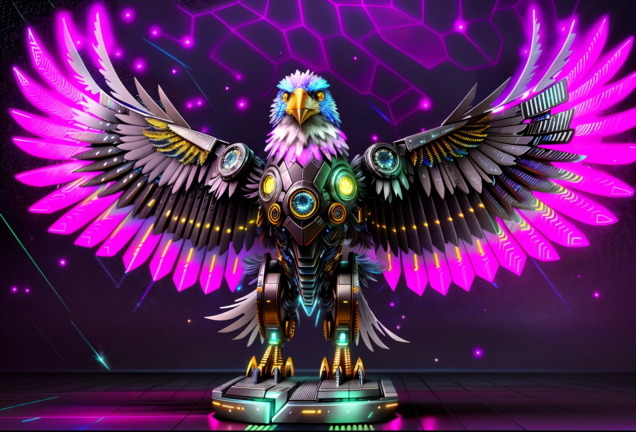 (Best quality, 8K,A high resolution,Masterpiece:1.2),Ultra-detailed),Futuristic robot bald eagle,full bodyesbian,colorful neon,High-tech mechanical parts,Metal claws and wings,Metal heads and pecks,Metal feathers,Extremely cool,Metal legs,Bionic eye,Detailed feather design,sharp beak,hovers in mid-air,Electric blue and bright purple,Vivid glowing eyes,Reflective metal surface,Gloomy environment,Dynamic pose,imposing presence,Technological progress,Interlocking mechanical gears,Dynamic and stylish design,motion blur effect,meticulous craftsmanship,Sci-fi atmosphere,Streamlined aerodynamic shape,Laser scanning pattern,holographic projections,Light-emitting circuit lines,hauntingly beautiful,Otherworldly precision,Advanced sensors,Complex algorithms,Ominous and mysterious atmosphere,electric sparks,Shiny chrome plating,Futuristic propulsion system, Mech4nim4lAI