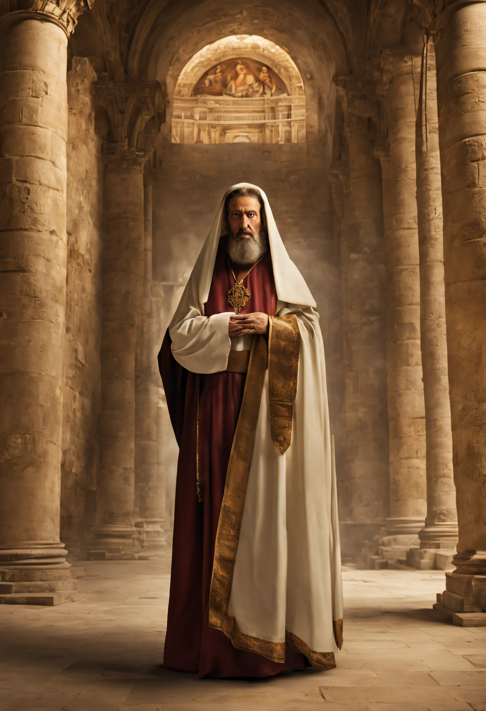 Papa Zacarias I: Rosto realista, Man with firm expression, cabelo calvo em cima, with nothing on her head, serious looking, olhar penetrante, with liturgical vestments of the eighth century, alta resolução, detalhes perfeitos, olhos e rosto detalhados, Standing in Old Jerusalem, dirt floor, Tall Marble Columns, altar ornamentado, Atmosfera santa, soft lighting.