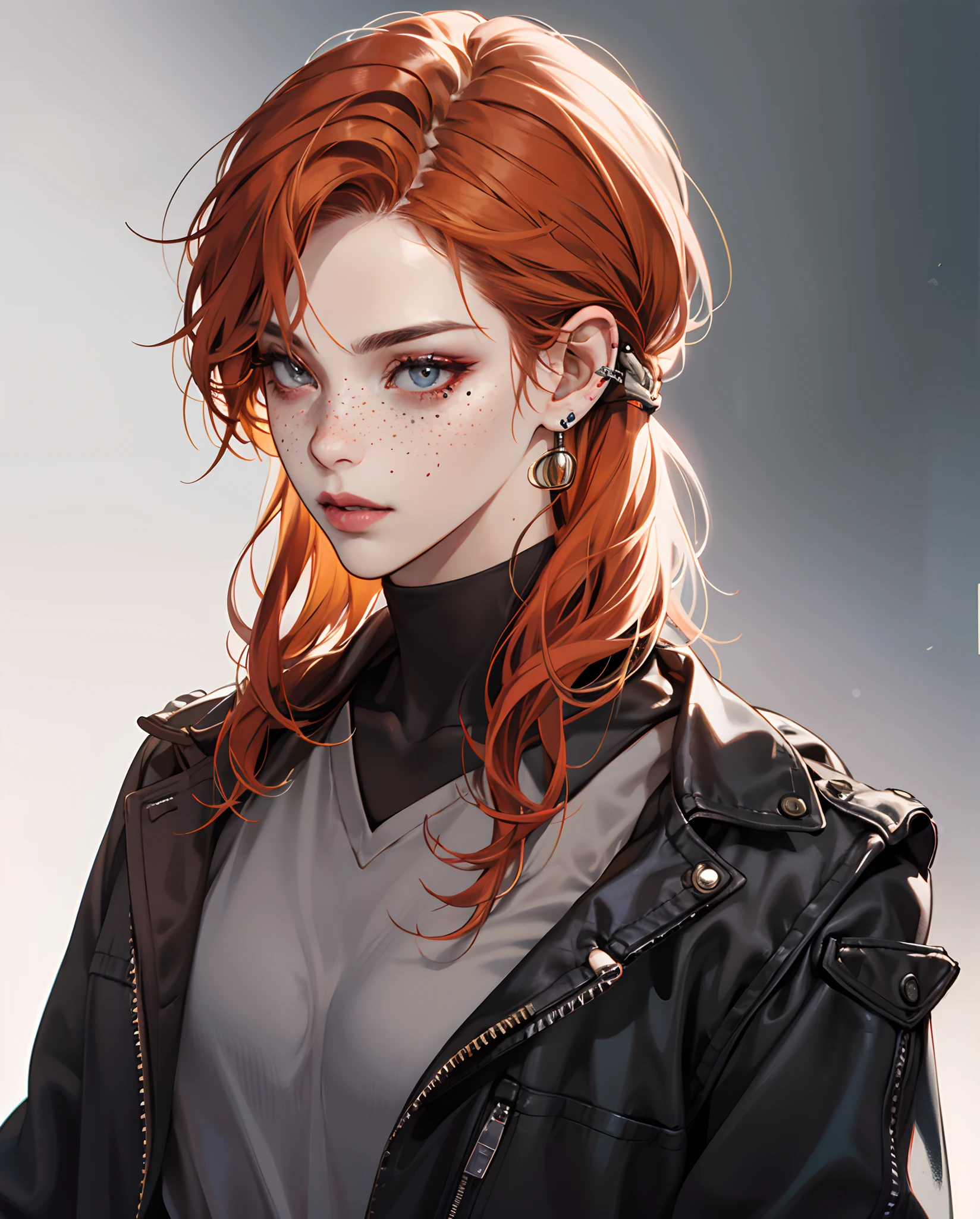 Semi realistic woman with ginger hair in her late 20s, has freckles and piercings.