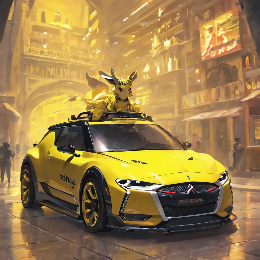 Citroen DS3 amarelo, body-kit de rally, rodas Volk TE37 na cor preta, Modern SI-FY Scenery, cores no estilo cyberpunk.