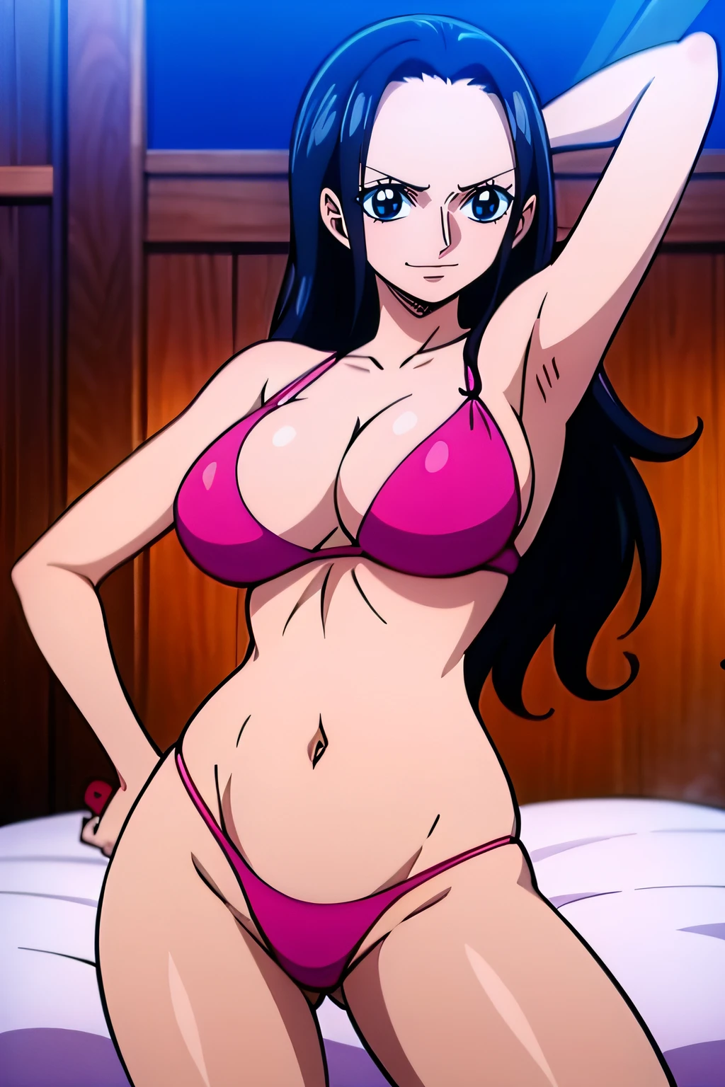 Robin de One Piece, Pose sexy, Y si , Elly, Premios rojo, 8k, anime, ribera, Gran Theta, grande, Se ve sexy perfecta calidad ojos ojos azules, Bikini rosa, Bikini rosa, cama, Casa, Noche, ojos azules, Axilas