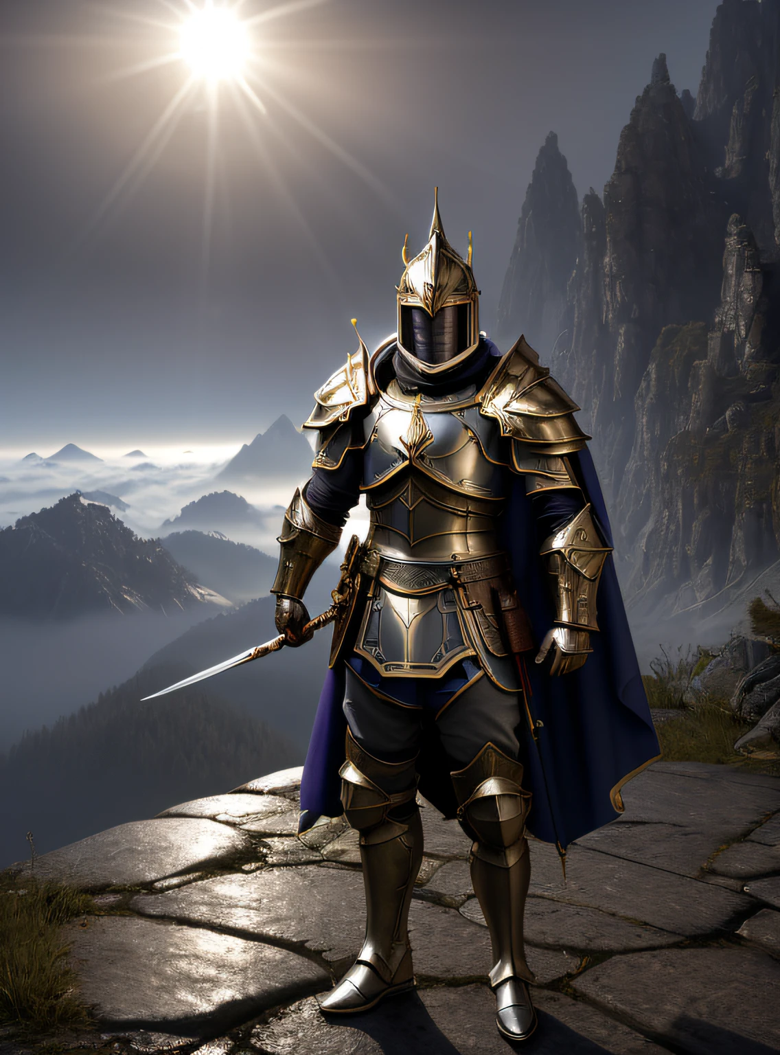8k, hyper qualit, nigth, Heavy fog, hyper realisitc, photore, fanciful, holy paladin,Silver armor with gold pattern,Full body Detailed skin, 详细的脸, brassier, Closed chest, cloths, brightly, rays of sunshine, Outdoor mountain, Dark lighting, DND