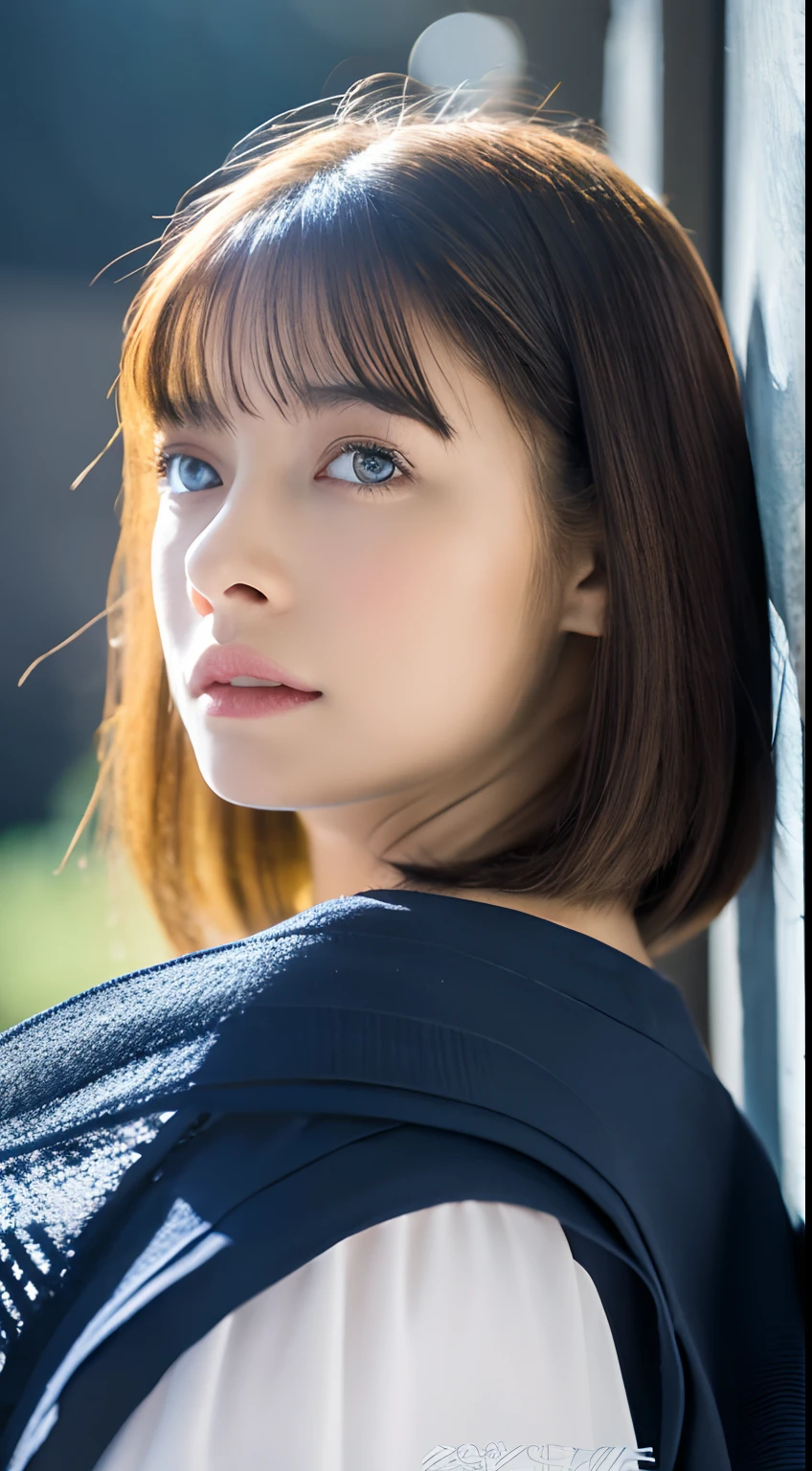 High quality, Best Quality, Photorealistic, Raw photo, Realistic, super realistic 8K、 Ultra Detail, High Definition, Full Body Mastepiece, 1 girl, Standing、Sensory gravure model、26 year old, Soft face, Elegant, Short hair, Blue eyes, Light blue eyes, close up, Intricate details, Detailed textures, Fine details, Front view、Standing , Female Natural Body, A sexy, The body of a very beautiful young woman