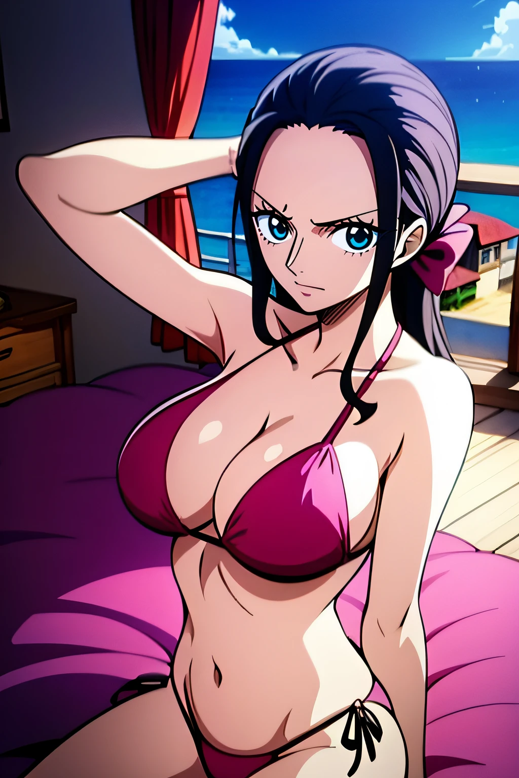 Robin de One Piece, Pose sexy, Y si , Elly, Premios rojo, 8k, anime, ribera, Gran Theta, grande, Se ve sexy perfecta calidad ojos ojos azules, Bikini rosa, Bikini rosa, cama, Casa, Noche, ojos azules, Axilas