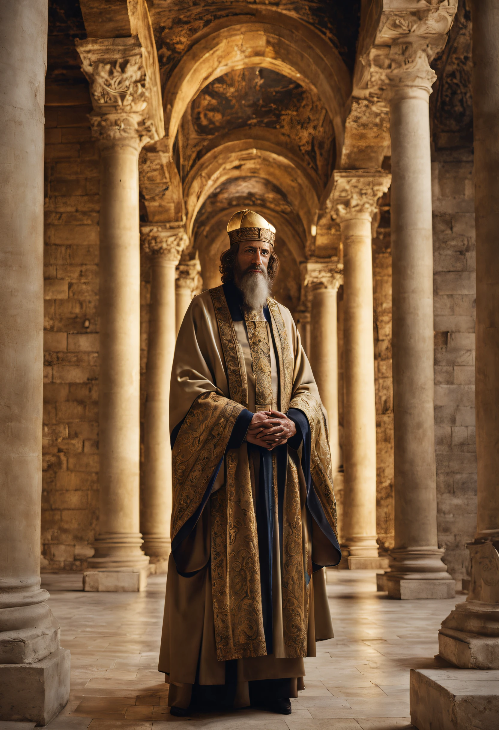 Papa Zacarias I: Rosto realista, Man with firm expression, cabelo calvo em cima, with nothing on her head, serious looking, olhar penetrante, with liturgical vestments of the eighth century, alta resolução, detalhes perfeitos, olhos e rosto detalhados, Standing in Old Jerusalem, dirt floor, Tall Marble Columns, altar ornamentado, Atmosfera santa, soft lighting.