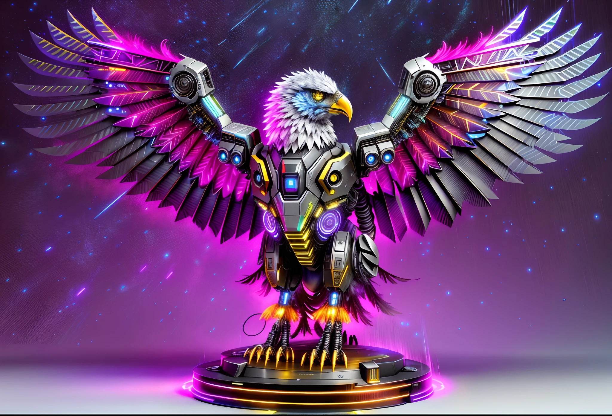 (Best quality, 8K,A high resolution,Masterpiece:1.2),Ultra-detailed),Futuristic robot vulture,full bodyesbian,colorful neon,High-tech mechanical parts,Metal claws and wings,Metal heads and pecks,Metal feathers,Extremely cool,Metal legs,Bionic eye,Detailed feather design,sharp beak,hovers in mid-air,Electric blue and bright purple,Vivid glowing eyes,Reflective metal surface,Gloomy environment,Dynamic pose,imposing presence,Technological progress,Interlocking mechanical gears,Dynamic and stylish design,motion blur effect,meticulous craftsmanship,Sci-fi atmosphere,Streamlined aerodynamic shape,Laser scanning pattern,holographic projections,Light-emitting circuit lines,hauntingly beautiful,Otherworldly precision,Advanced sensors,Complex algorithms,Ominous and mysterious atmosphere,electric sparks,Shiny chrome plating,Futuristic propulsion system, Mech4nim4lAI