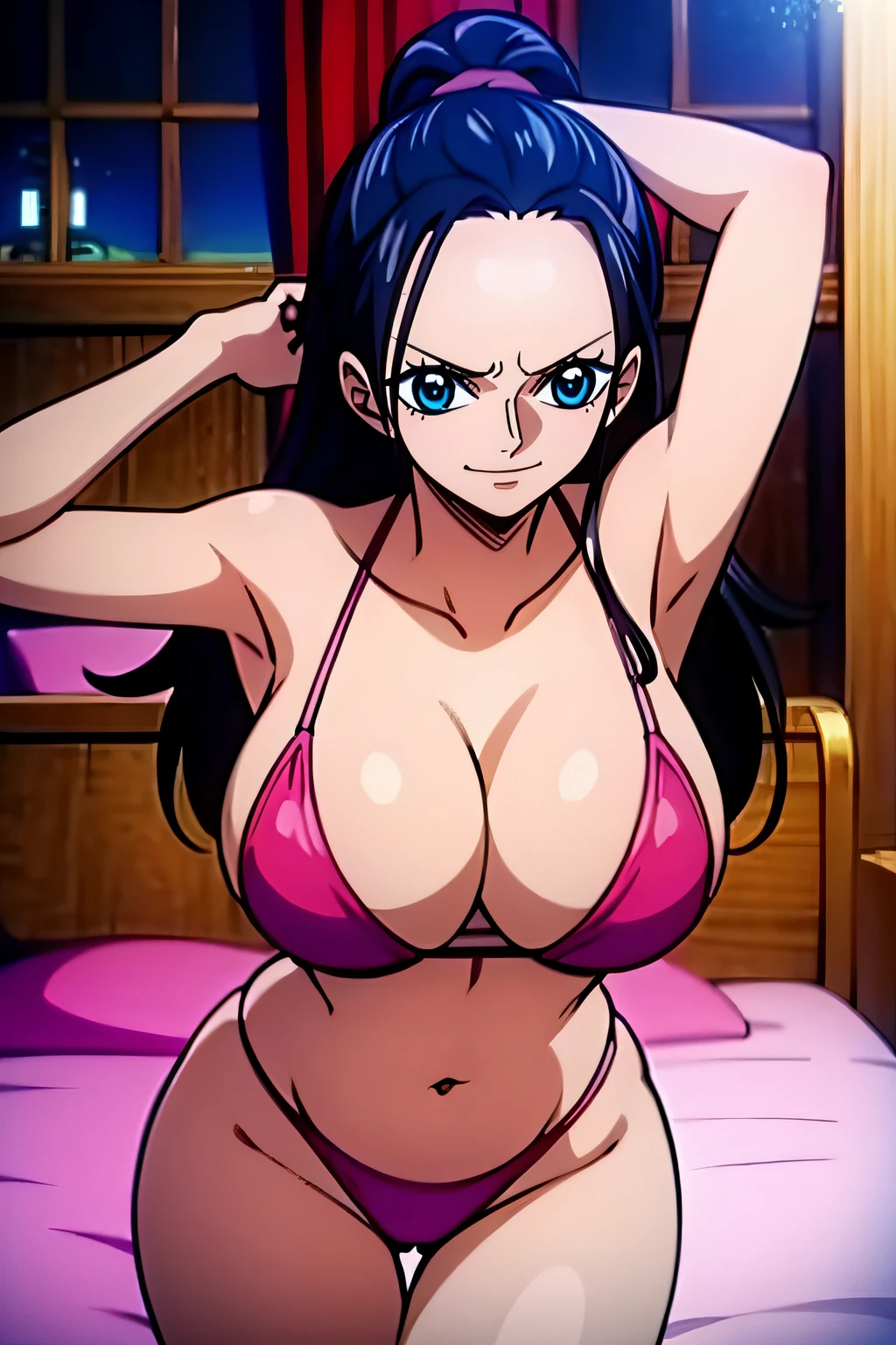 Robin de One Piece, Pose sexy, Y si , Elly, Premios rojo, 8k, anime, ribera, Gran Theta, grande, Se ve sexy perfecta calidad ojos ojos azules, Bikini rosa, Bikini rosa, cama, Casa, Noche, ojos azules, Axilas