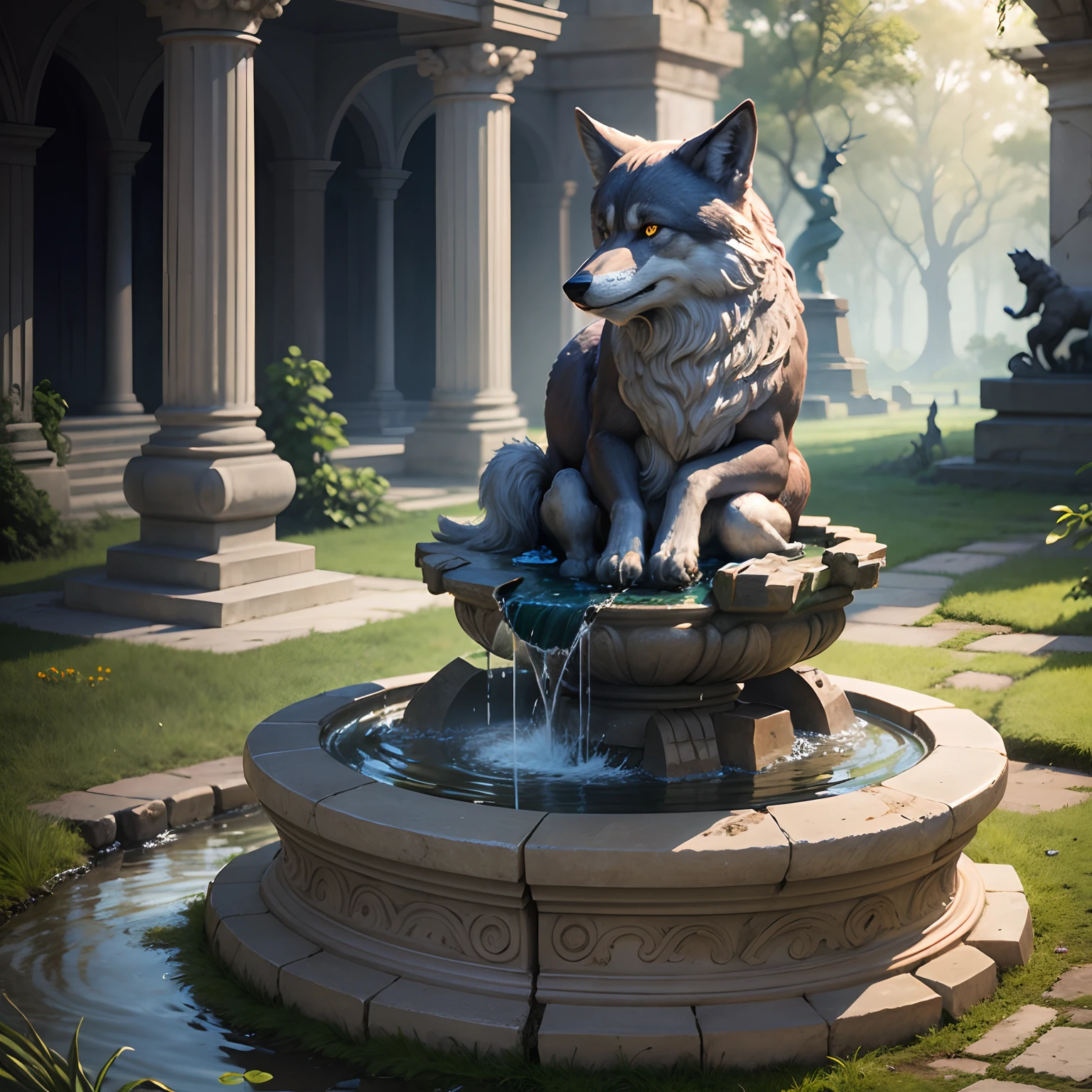 An ancient fountain sitting in the middle of a clearing with a stone statue of a wolf sitting respectfully in the middle --auto --s2