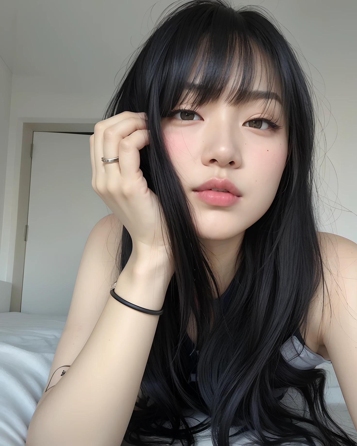 Hay una mujer con cabello largo y negro posando para una foto, Ella tiene el pelo negro con flequillo, ulzzang, Chica coreana, 🤤 girl portrait, Jaeyeon Nam, Lalisa Manobal, con flequillo, young cute wan asian face, El Corte Hime, Wan adorable cara coreana, Pelo largo con flequillo, Jinyoung Shin, Cabello largo y negro con flequillo