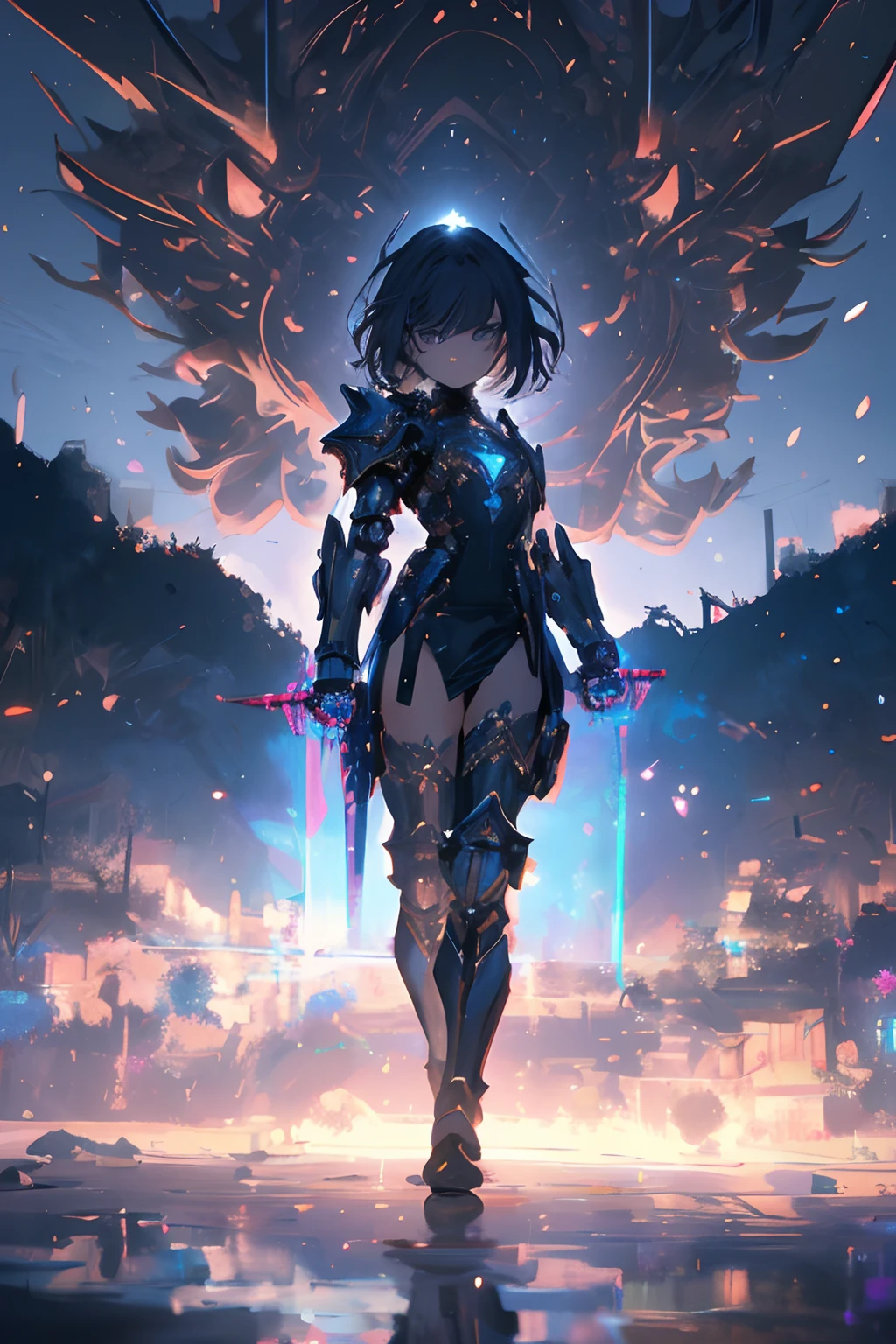 masterpiece,best quality,extremely detailed CG unity 8k wallpaper,illustration,3d,realistic body,{awesome detailed},[hyper detailed],[ultra detailed],{many layers},beautiful hair,beautiful eyes,glistening shining skin,intense shadow,official art,sketch,masterpiece,best quality,illustration,100000000k, {best quality,illustration}, girl, small breast, short hair, simple eyes, mechanical suits, mechanical wings, black shinny satin latex dress, shoulder armor gauntlets, {{{{{hand holding shining mechanical sword, gripping shining mechanical sword in hand}}}}}, dynamic angle, pool of blood, pile of corpses