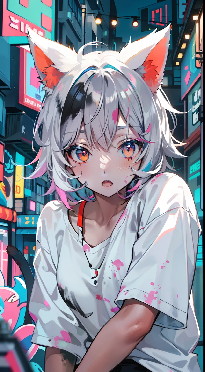 cat girl, white ears, short messy hair, white shirt with paint stains, street background, neon style, with vibrant colors and sharp details