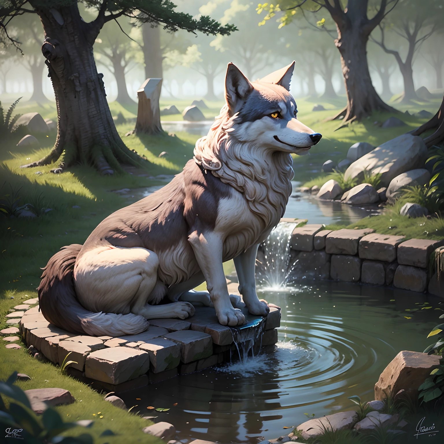 An ancient fountain sitting in the middle of a clearing with a stone statue of a wolf sitting respectfully in the middle --auto --s2