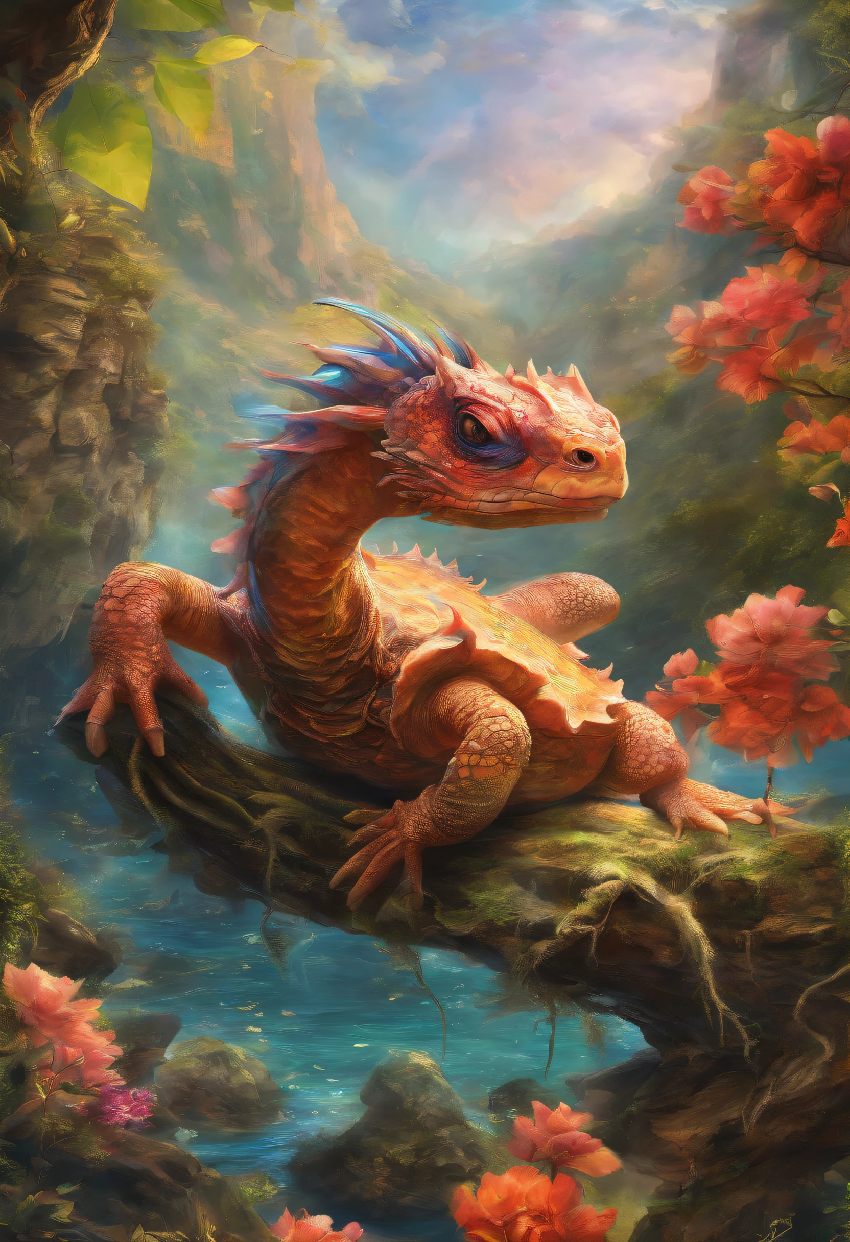 bearded dragon, cartoon, hecho con pinceles, Estilo de arte conceptual, Estilo de pinceladas, sin mucho detalle, Estilo de arte G Liulian, arte conceptual oficial, arte conceptual como un videojuego, Apocalyptic world in the background