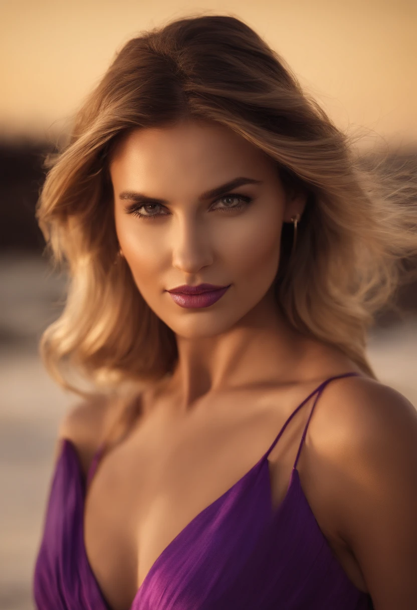 arafed woman in a purple dress standing on the beach, intense smoldering, gorgeous woman, beautiful model, gorgeous beautiful woman, smoldering, beautiful face, gorgeous attractive face, beautiful face, beautiful look, stunning face, gorgeous face, most beautiful woman on earth, attractive beautiful face, ana de armas portrait, blonde long curvy hear, cheeky sexy smile