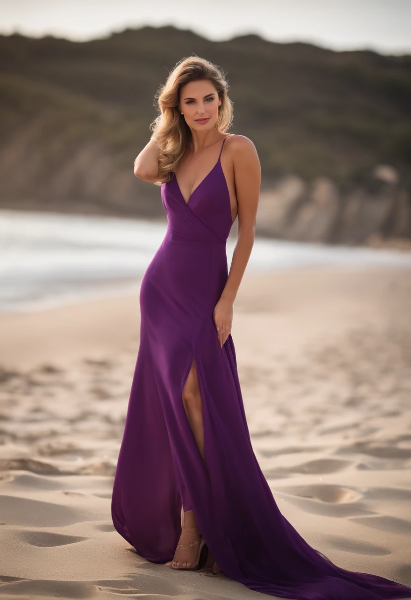 arafed woman in a purple dress standing on the beach, intense smoldering, gorgeous woman, beautiful model, gorgeous beautiful woman, smoldering, beautiful face, gorgeous attractive face, beautiful face, beautiful look, stunning face, gorgeous face, most beautiful woman on earth, attractive beautiful face, ana de armas portrait, blonde long curvy hear, cheeky sexy smile