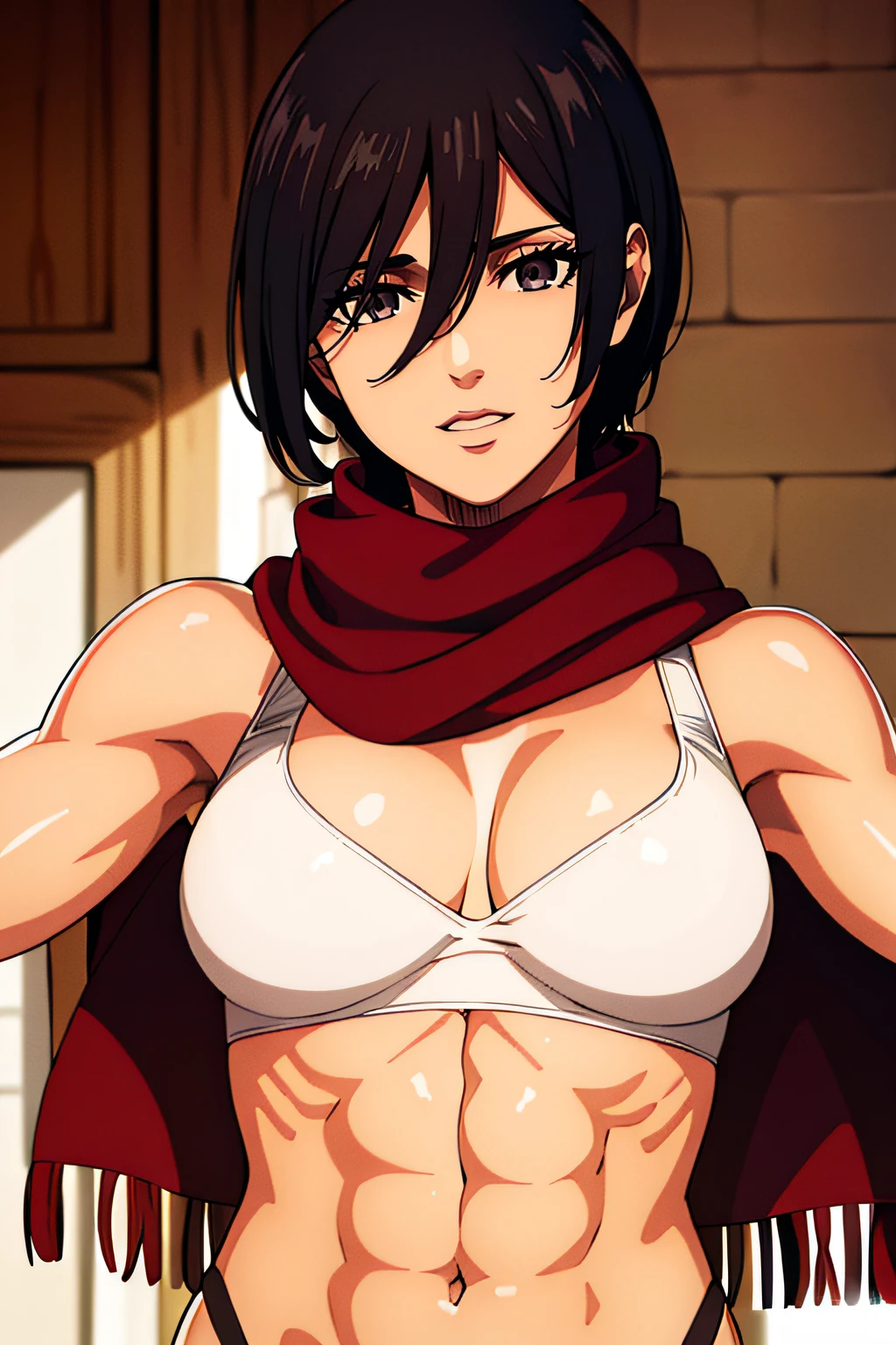 bragas, red scarf around the neck, ojos negros, cabello ?????, corto_cabello,pelo entre los ojos, 1 girl in, 20yo,mujer joven,hermosa nariz,Beautiful character design, ojos perfectos, Cara perfecta,ojos expresivos,Equilibrio perfecto, mirando al espectador,boca cerrada, (inocente_grande_ojos:1.0),luz_They are smiling, arte oficial,fondo de pantalla CG 8k extremadamente detallado, (obra maestra:1.0),(mejor_Quality:1.0), muscular, muscular, Muscle, cabello ?????, ojos grises, barriga, ombligo, chica musculosa, bikini blanco, Abs, abdomen
