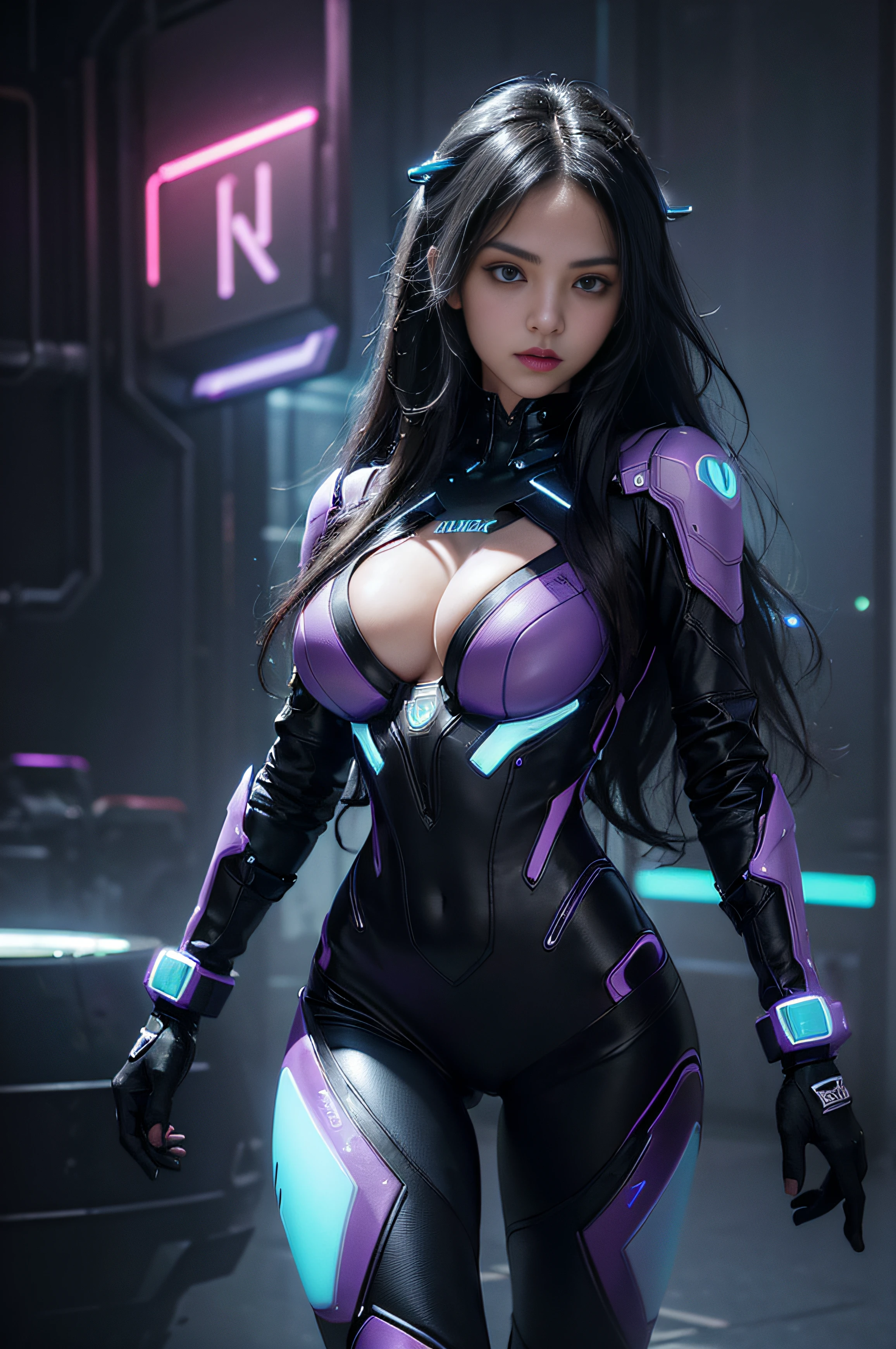 (black long wavy hair with blue and purple neon lighting:1.2),(close-up photo:1.2) Best image quality, Masterpiece, Ultra-high resolution, (Fidelity:1.4), ((cyber punk personage)), Mila Kunis, deep cleavage, large breasts, cyber outfit, Futuristic, ((Award-winning ultra-realistic photos)),(Hyper-detailing),(Complicated details),(High resolution CGI artwork 8k), LED light, atmospheric lighting, illuminated by neon lights,