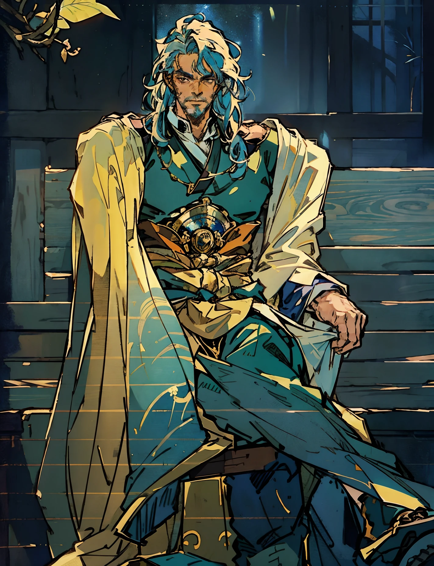 An elderly man with long thick grayish-blue hair, medium length hair, a kindly gaze, a gentle smile, a short neatly trimmed beard, a white fantasy wuxia-style outfit, a long yellow shawl over his shoulders, that shawl covering half of his body, a blue sash around his waist, traditional Chinese trousers, he sits on a wooden chair, in a forest cottage, with sunlight shining through the windows, this character embodies a finely crafted fantasy-style Chinese martial hero in anime style, characterized by an exquisite and mature manga illustration art style, high definition, best quality, highres, ultra-detailed, ultra-fine painting, extremely delicate, professional, anatomically correct, symmetrical face, extremely detailed eyes and face, high quality eyes, creativity, RAW photo, UHD, 8k, Natural light, cinematic lighting, masterpiece:1.5